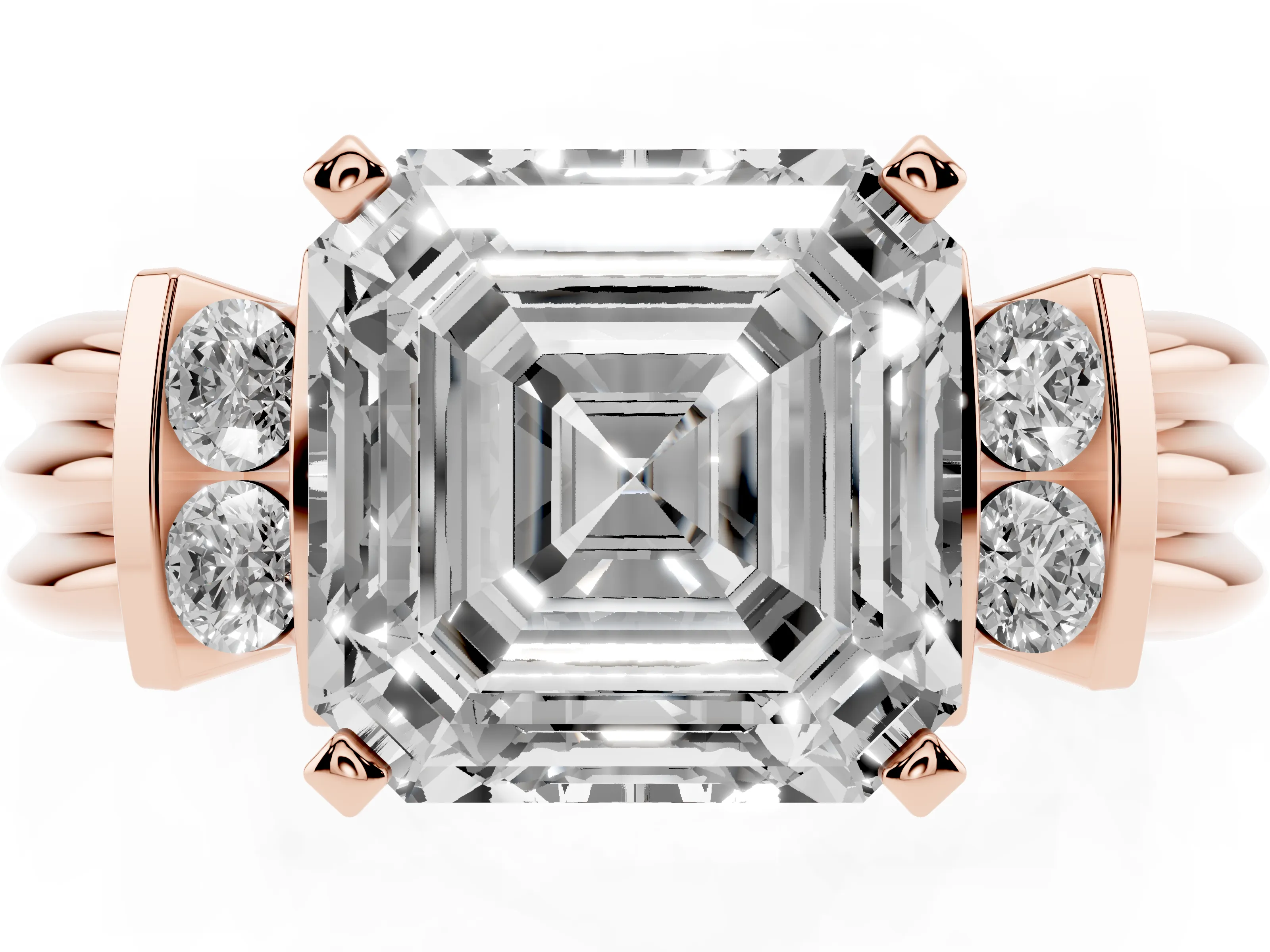 Three-Stone Asscher Cut Diamond Channel Set Ring Set in Rose gold with Bar Prongs