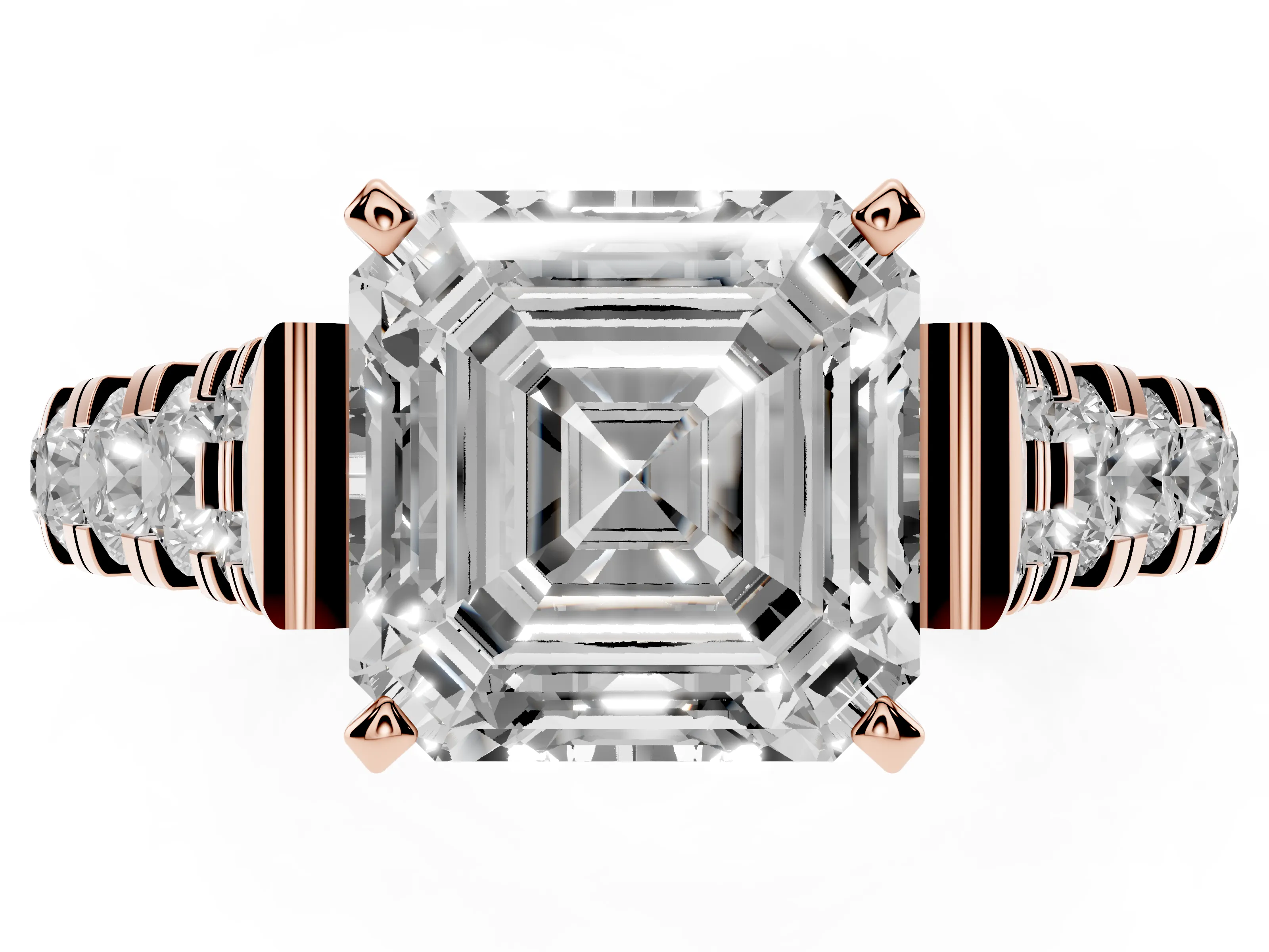 Asscher Cut Diamond Classic Solitaire Ring Set in Rose gold with Pavé Band and Prong Setting