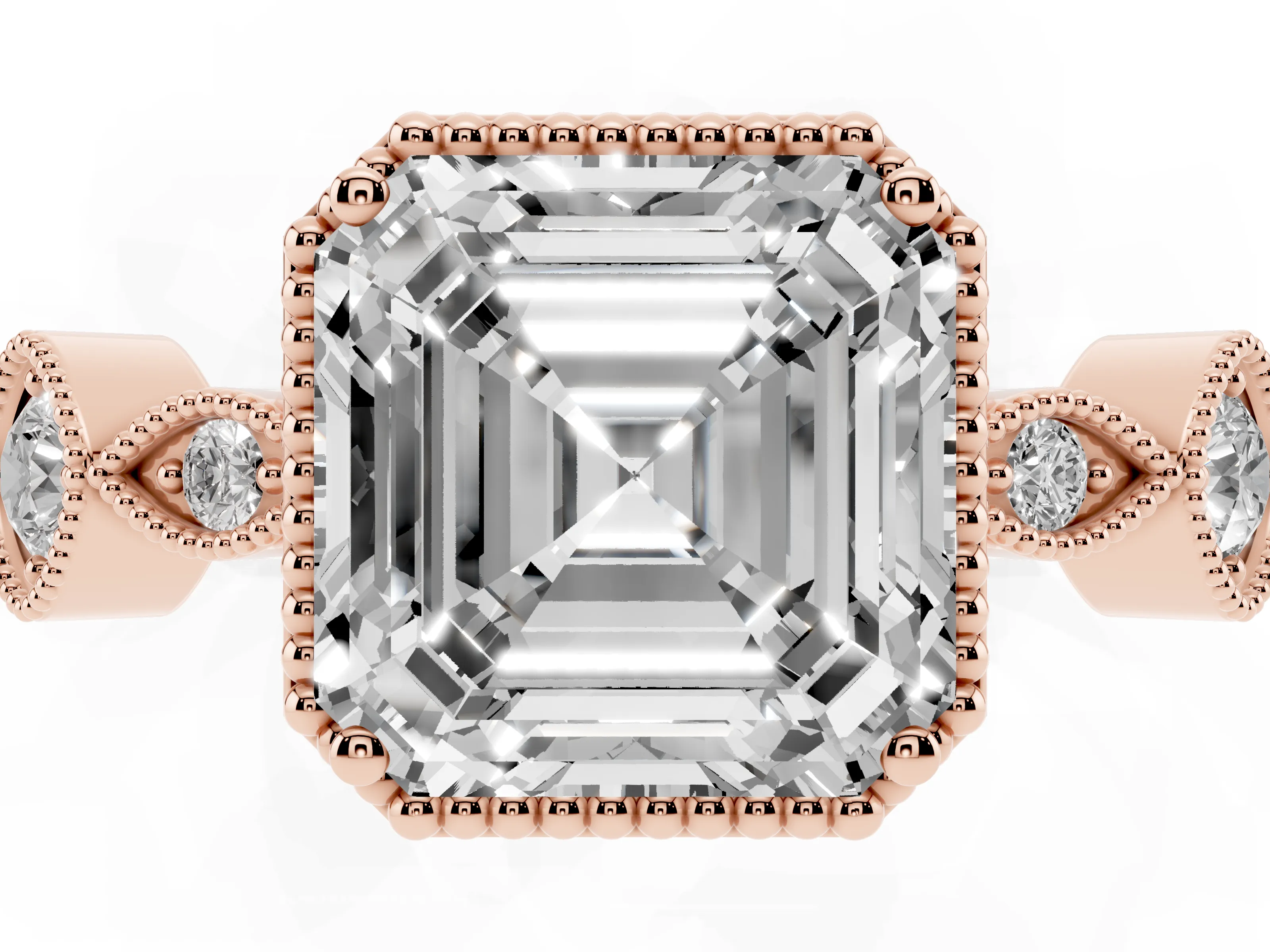 Asscher Cut Diamond Vintage-Inspired Milgrain Ring Set in Rose gold with Marquise Stations of Round Accents
