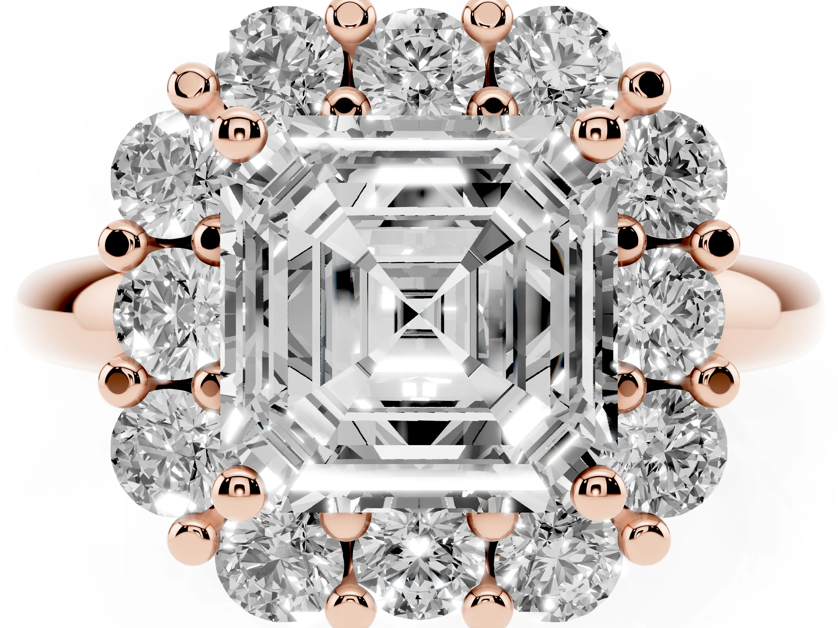 Asscher Cut Diamond Halo Cluster Engagement Ring Set in Rose gold with Polished Band and Prong Setting