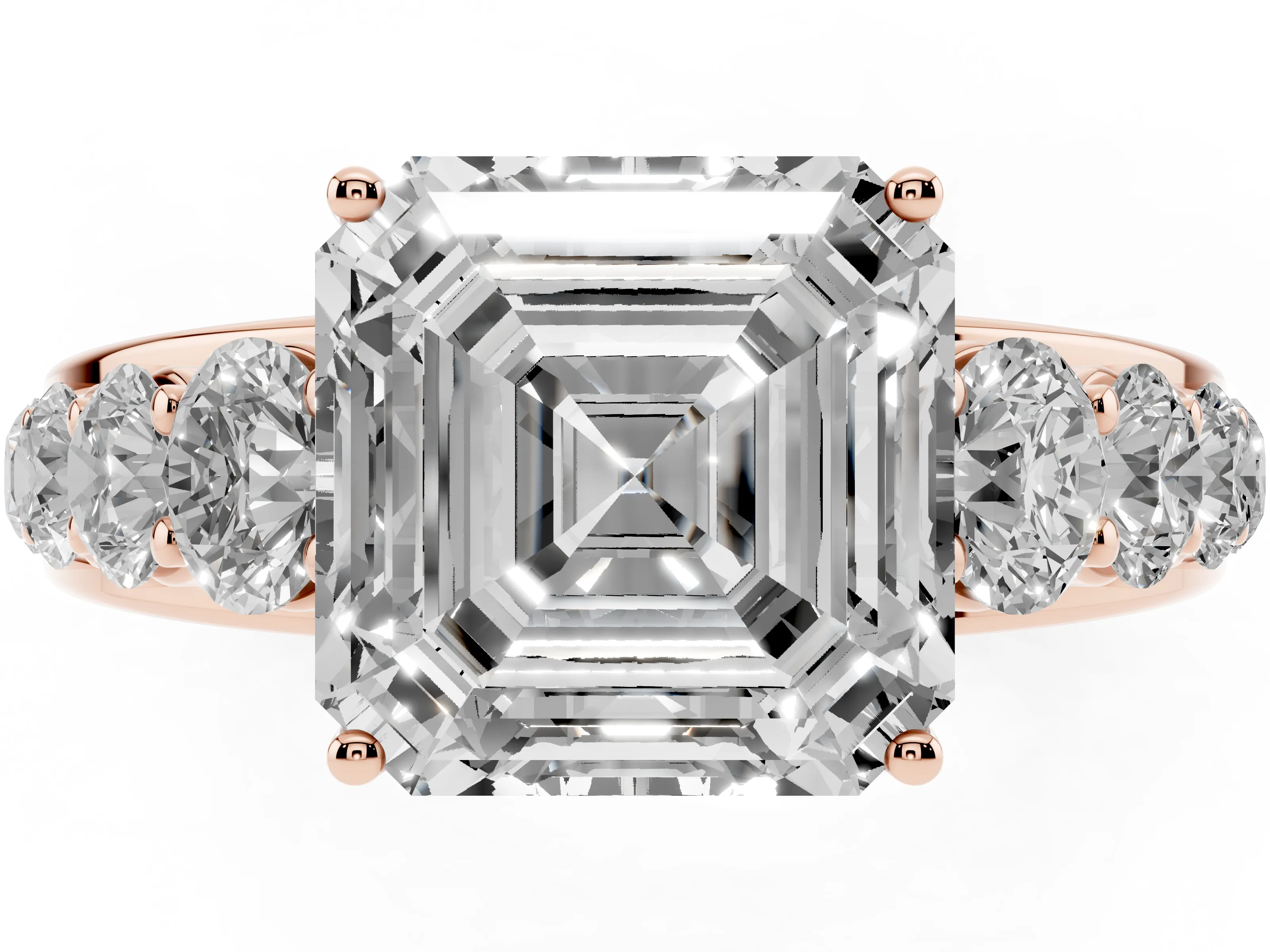 Asscher Cut Diamond Solitaire Ring Set in Rose gold with Pavé-Set Band and Prong Setting