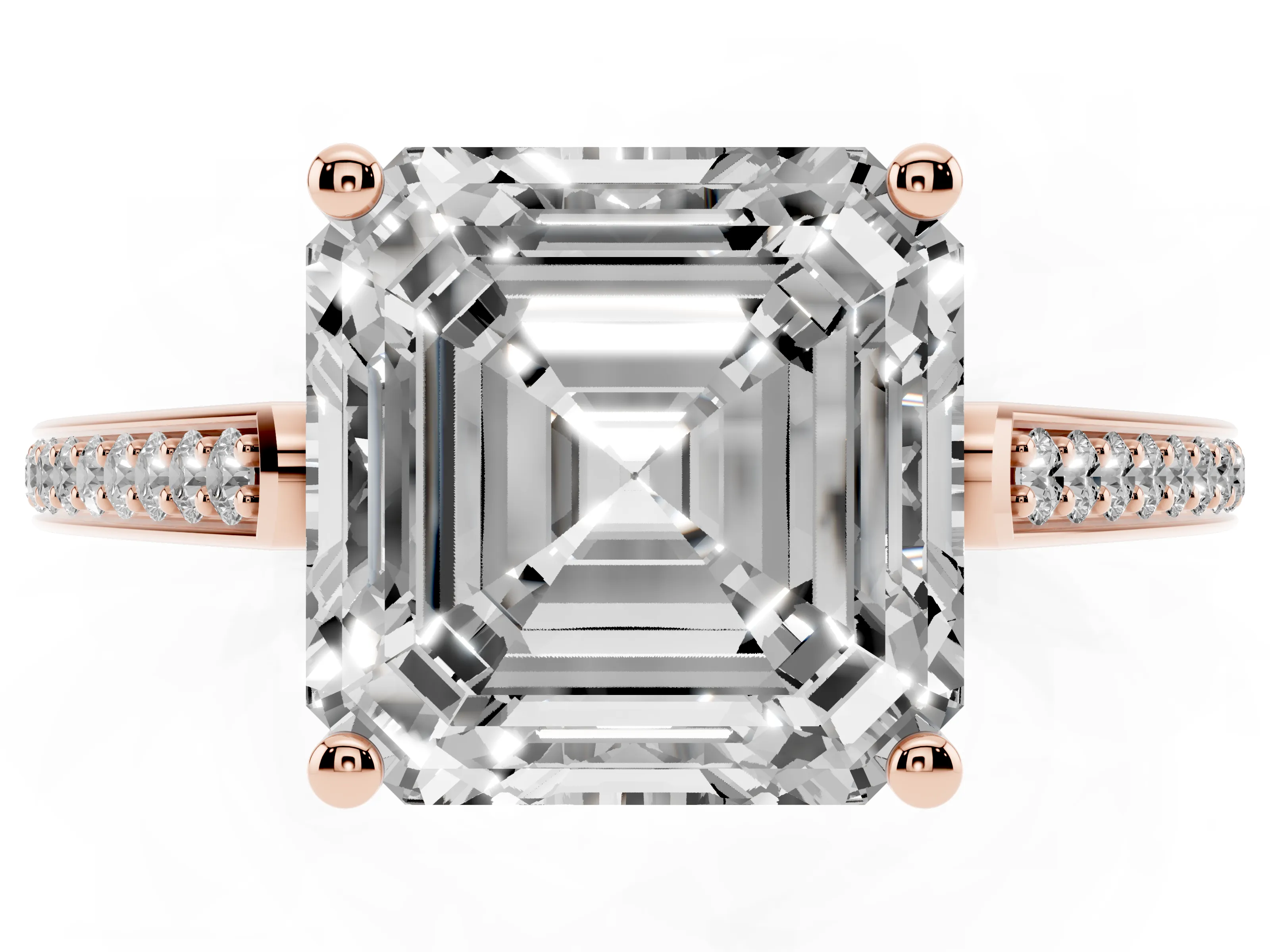 Asscher Cut Diamond Cathedral Pavé Engagement Ring Set in Rose gold with Prong Setting