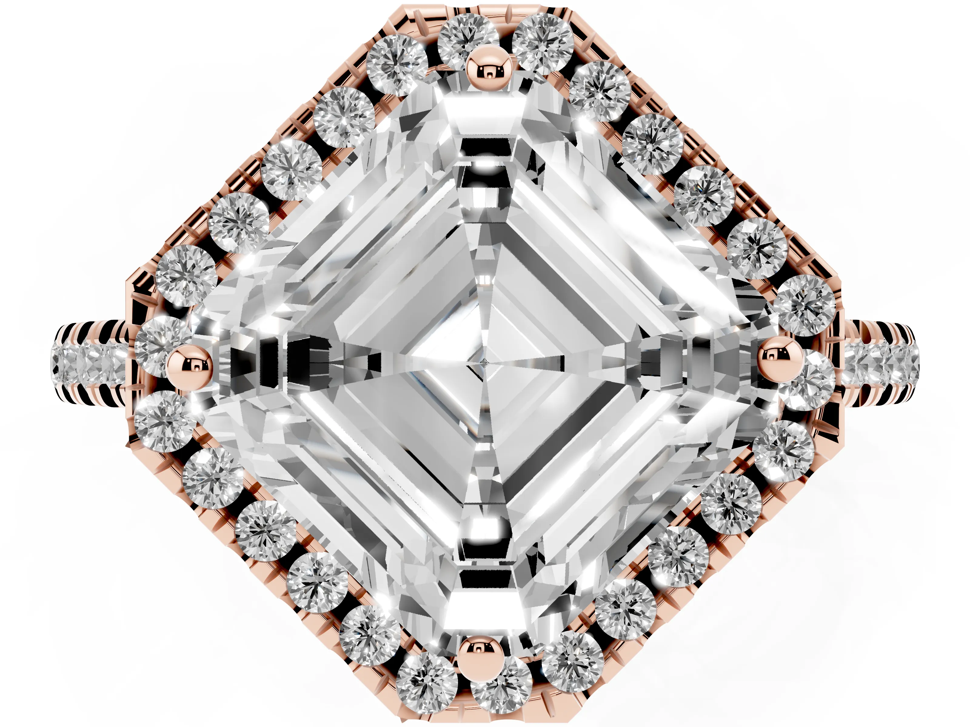 Asscher Cut Diamond Cushion Halo Ring Set in Rose gold with Pavé Band