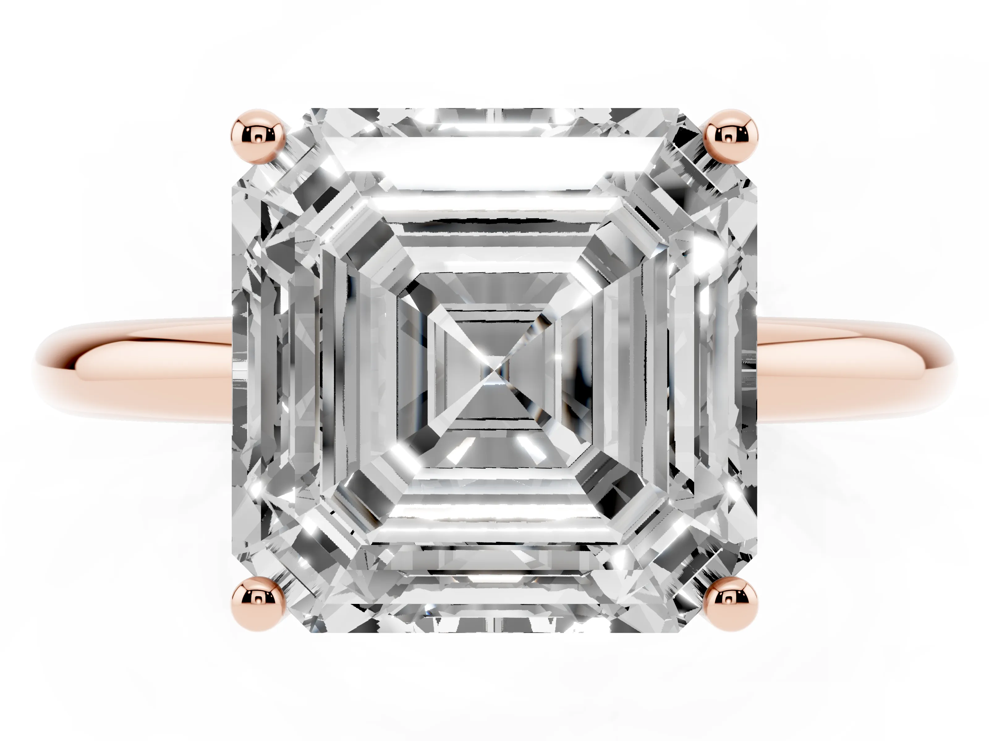 Asscher Cut Diamond Solitaire Engagement Ring Set in Rose gold with Prong Setting and Polished Band