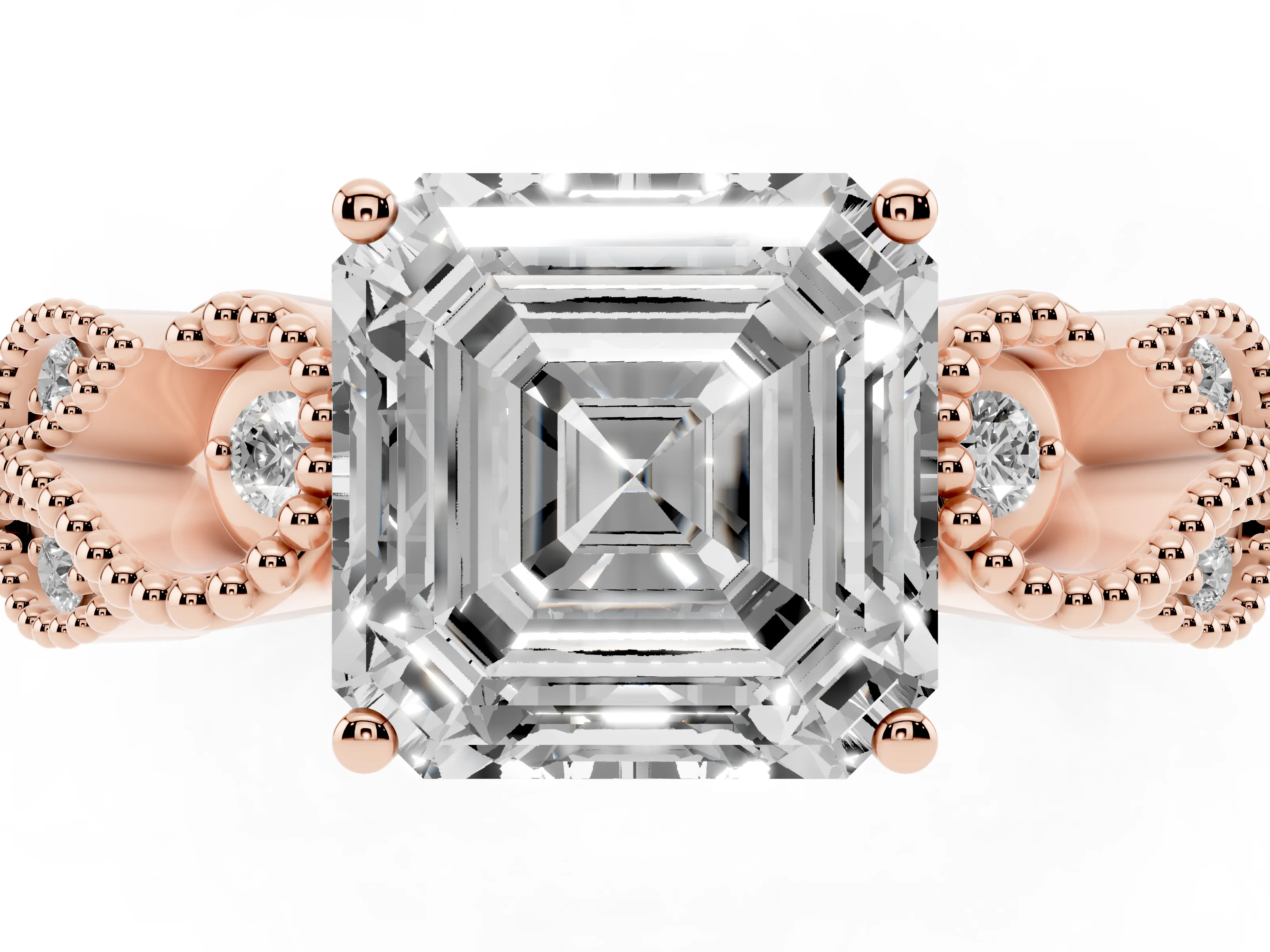 Asscher Cut Diamond Milgrain Leaf Band Solitaire Ring Set in Rose gold with Accent Stones and Prong Setting