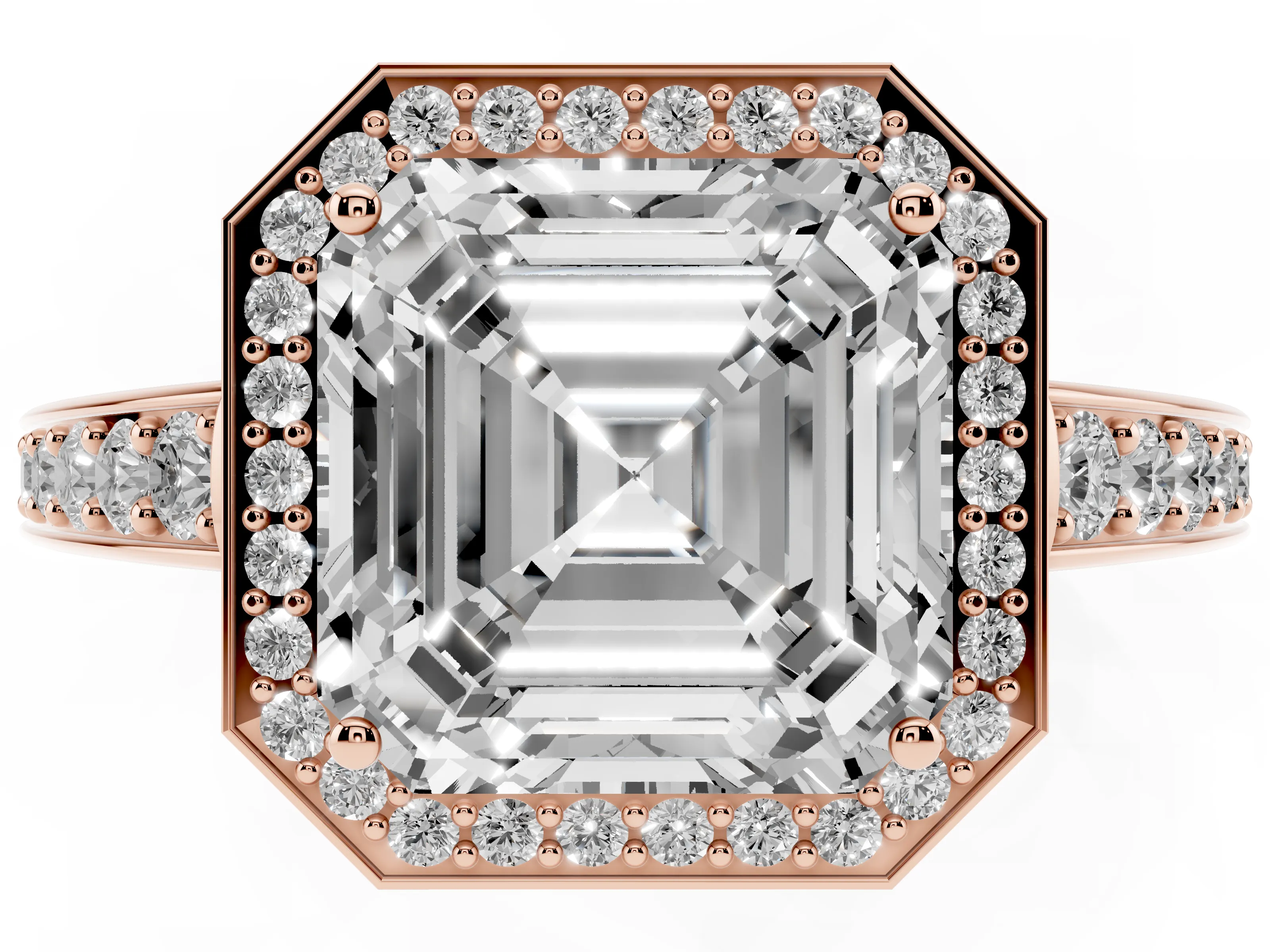 Asscher Cut Diamond Halo Pavé Engagement Ring Set in Rose gold with Bezel Setting