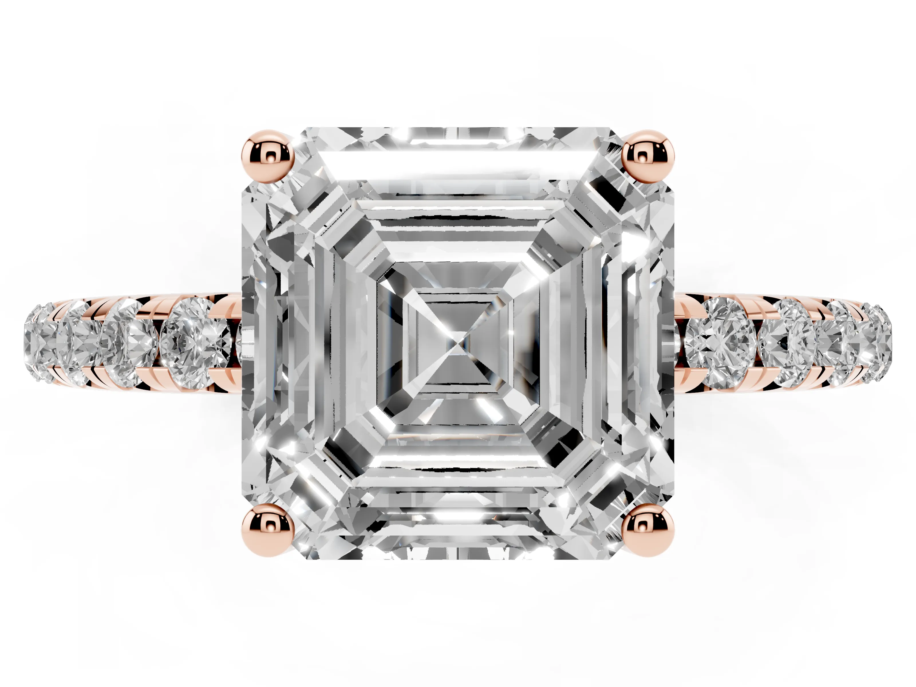 Asscher Cut Diamond Solitaire Ring Set in Rose gold with Micro Pavé Band and Prong Setting