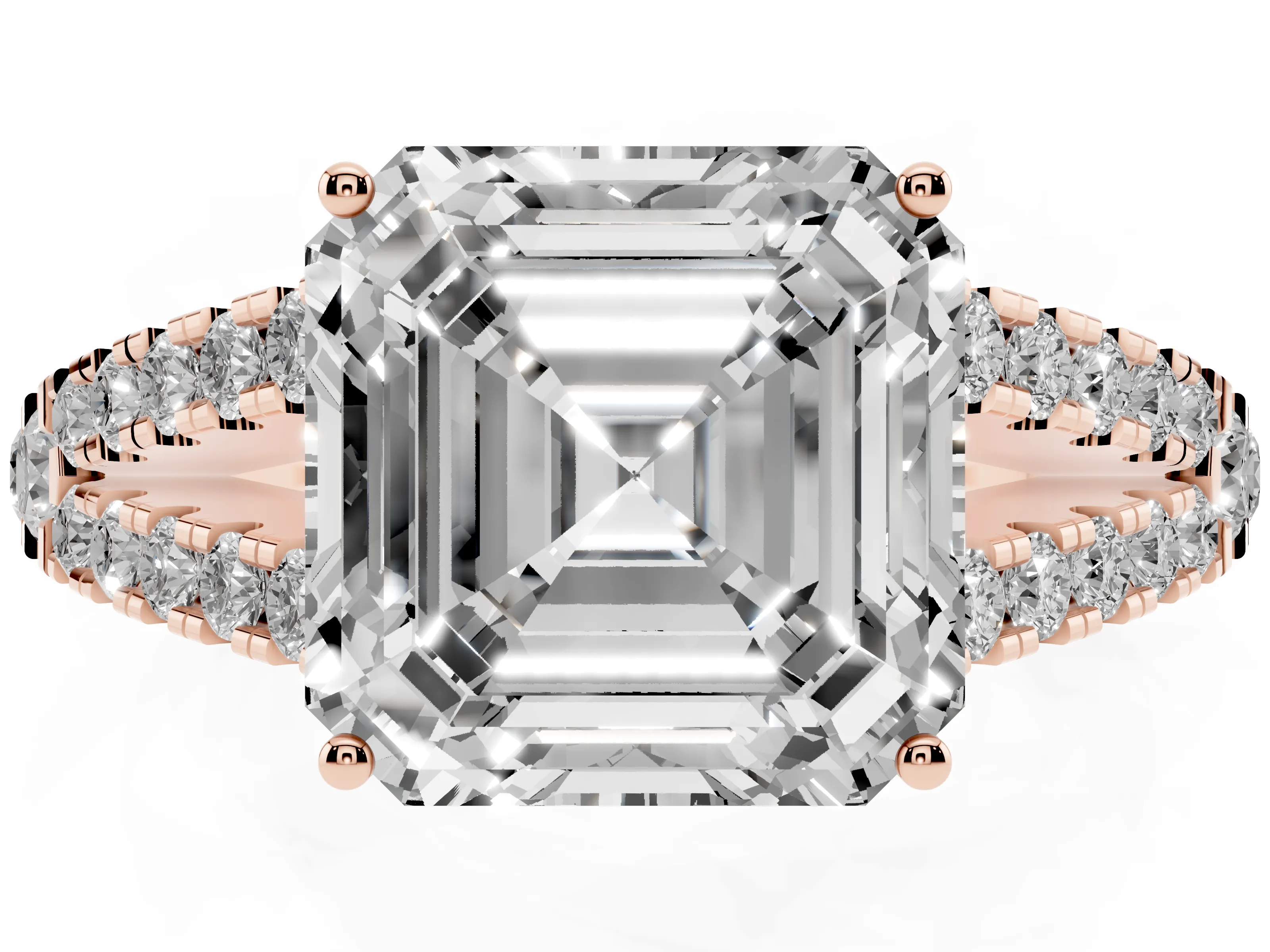 Asscher Cut Diamond Split Shank Engagement Ring Set in Rose gold with Round Pavé and Prong Setting