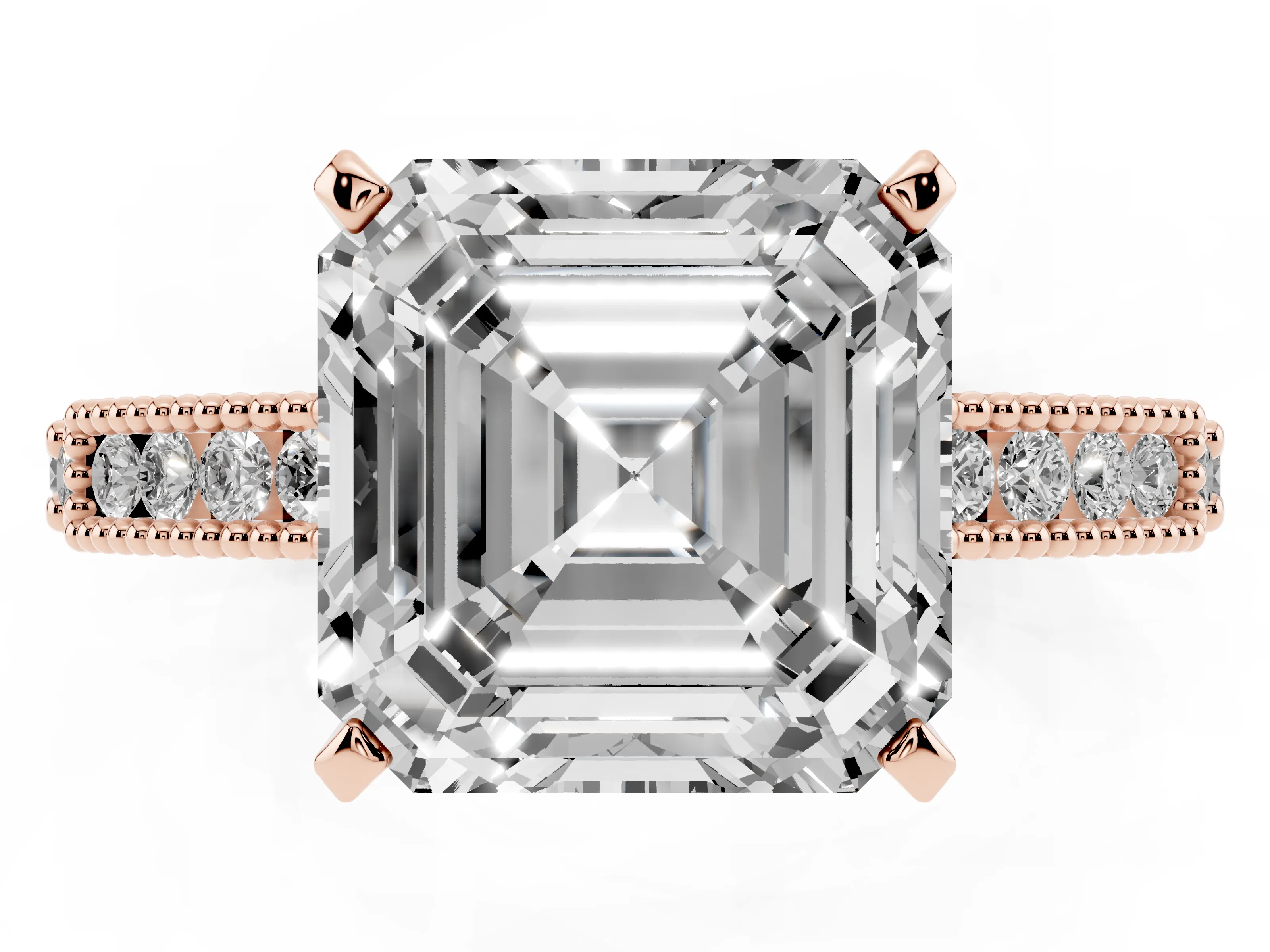 Asscher Cut Diamond Solitaire Ring Set in Rose gold with Slim Pavé Band and Prong Setting