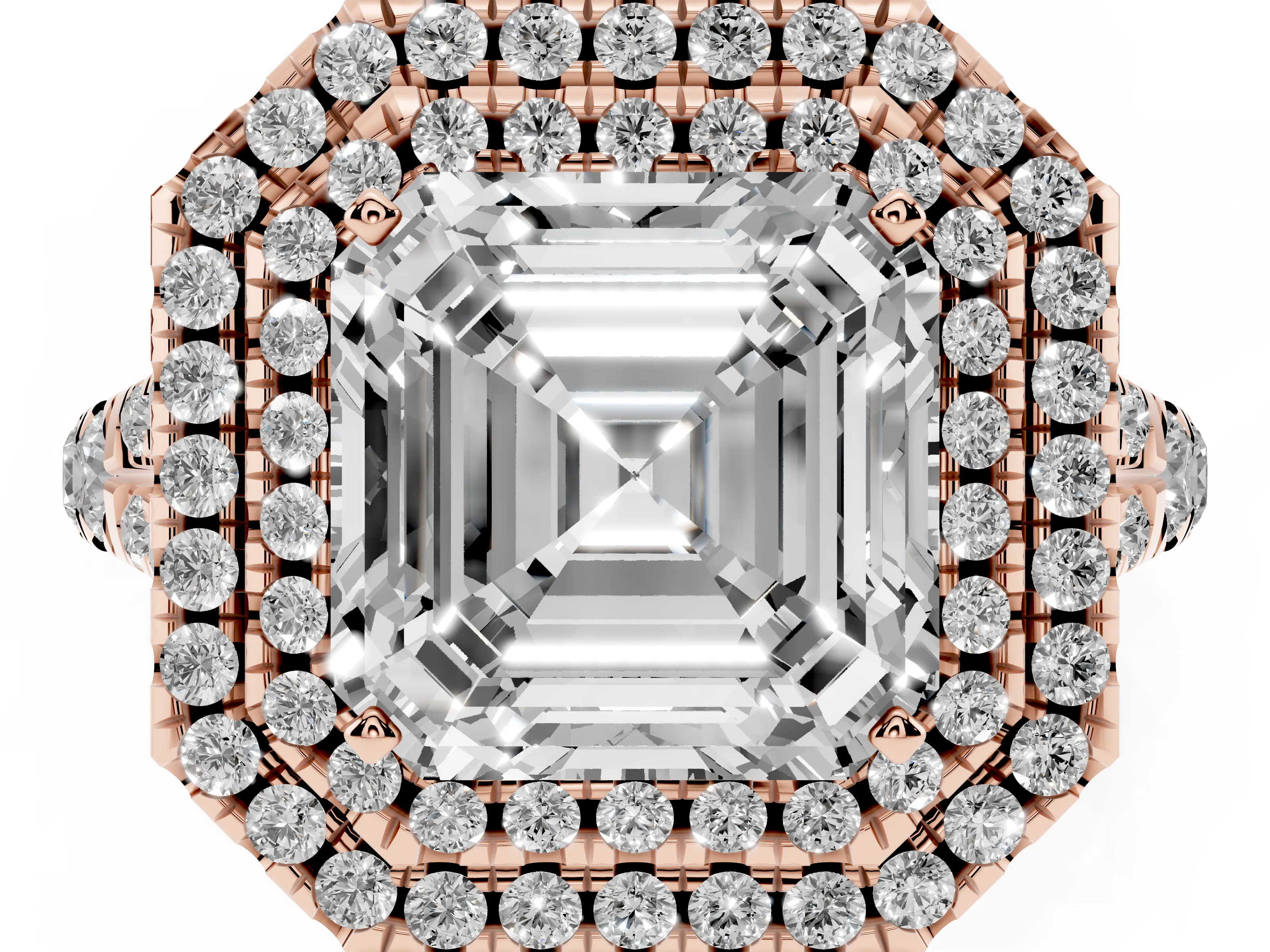 Asscher Cut Diamond Pavé Split Shank Double Halo Engagement Ring Set in Rose gold