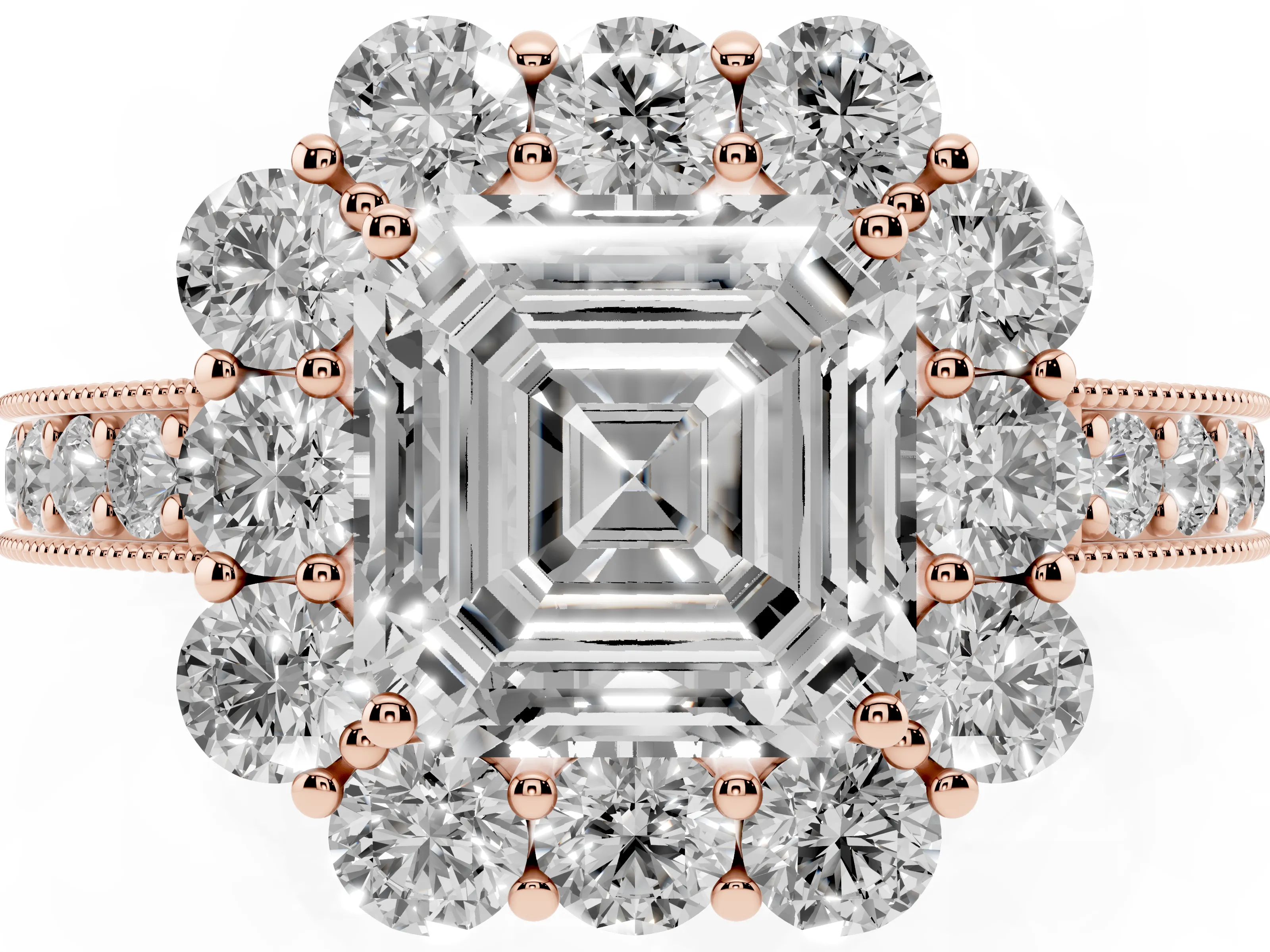 Asscher Cut Diamond Halo Pavé Engagement Ring Set in Rose gold with Milgrain Detailing