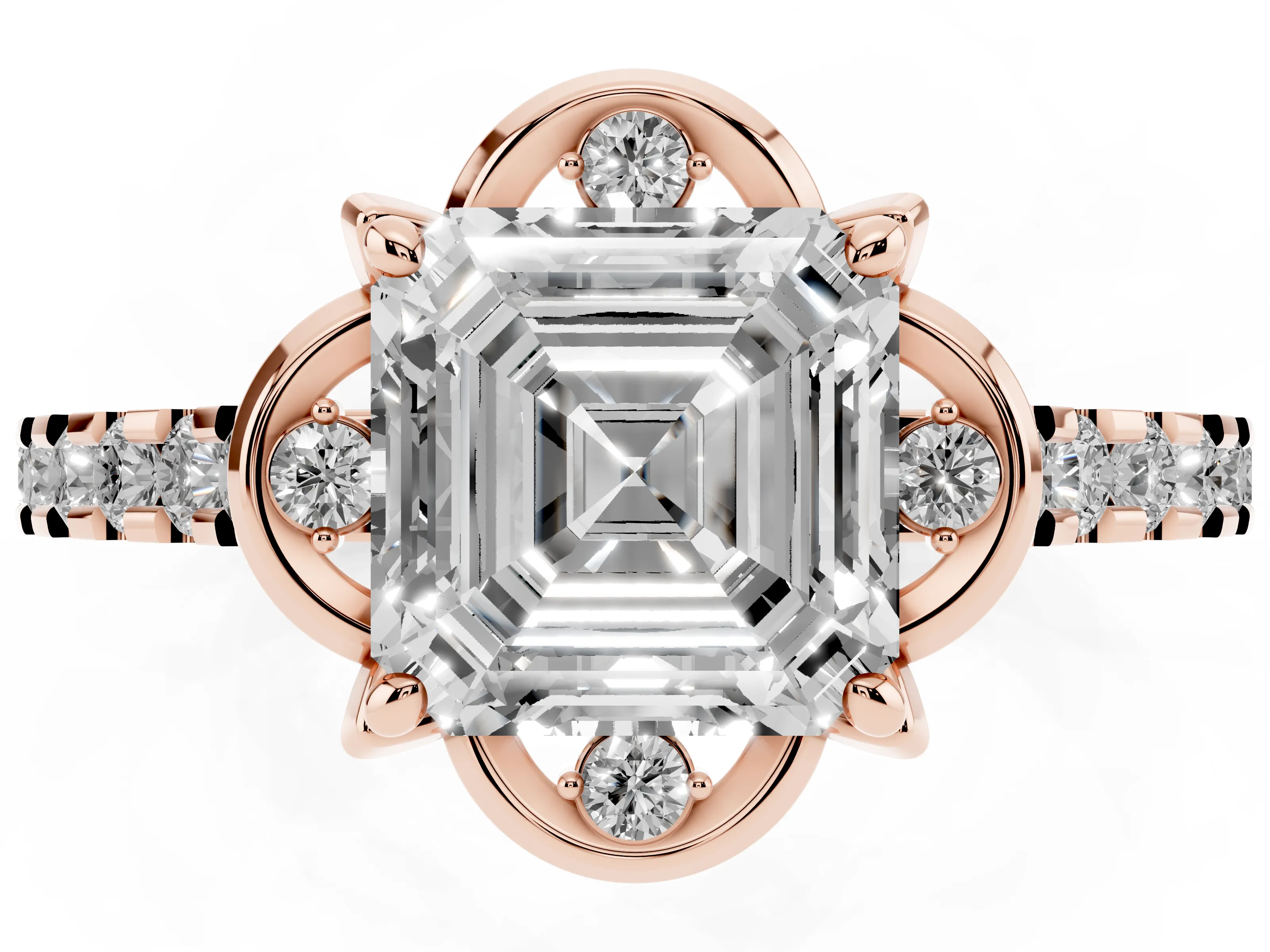Asscher Cut Diamond Solitaire Ring Set in Rose gold with Pavé Band and Floral Prong Setting