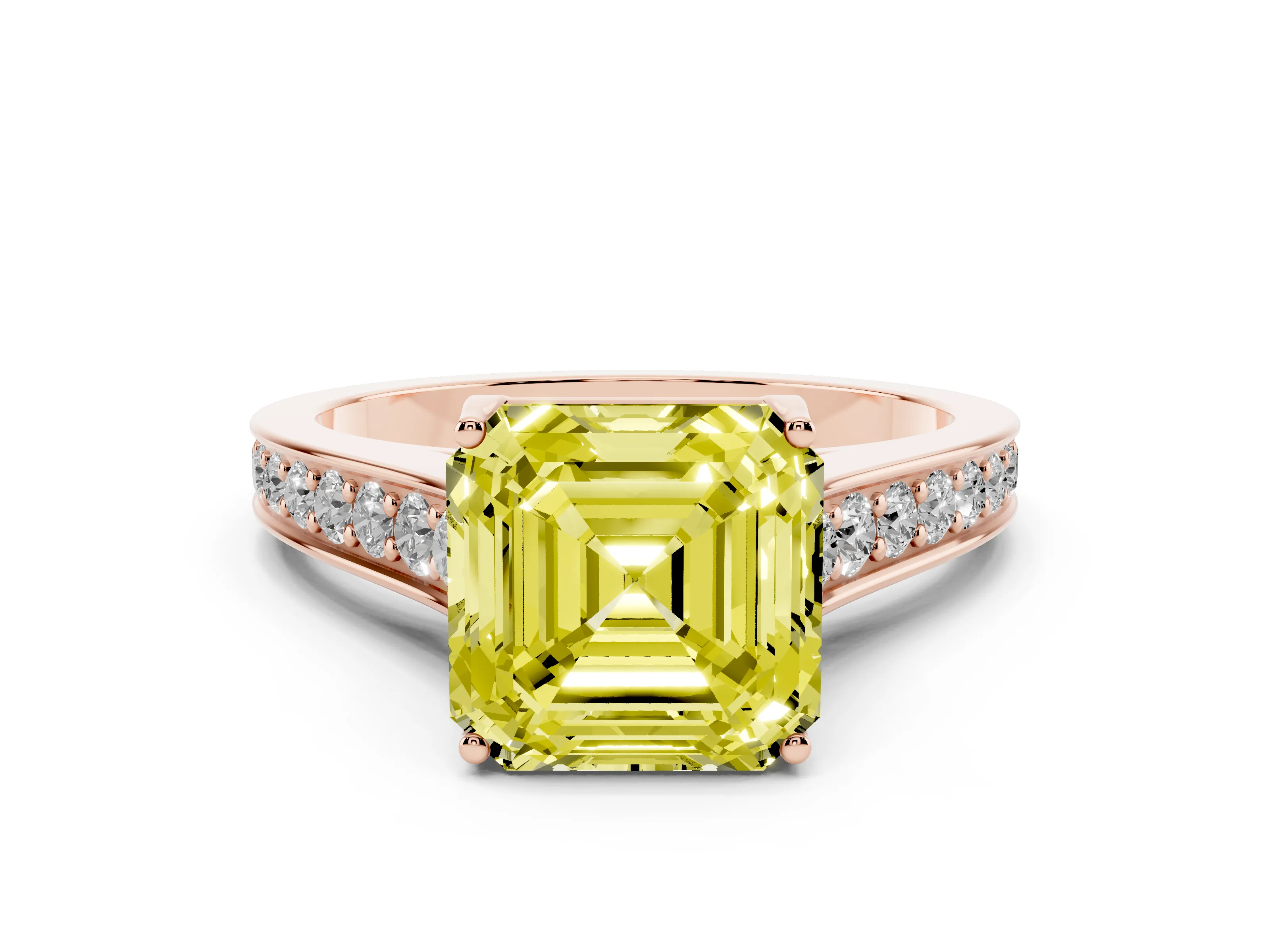 Fancy Yellow Asscher Cut Diamond Solitaire Pavé Engagement Ring Set in Rose gold with Prong Setting
