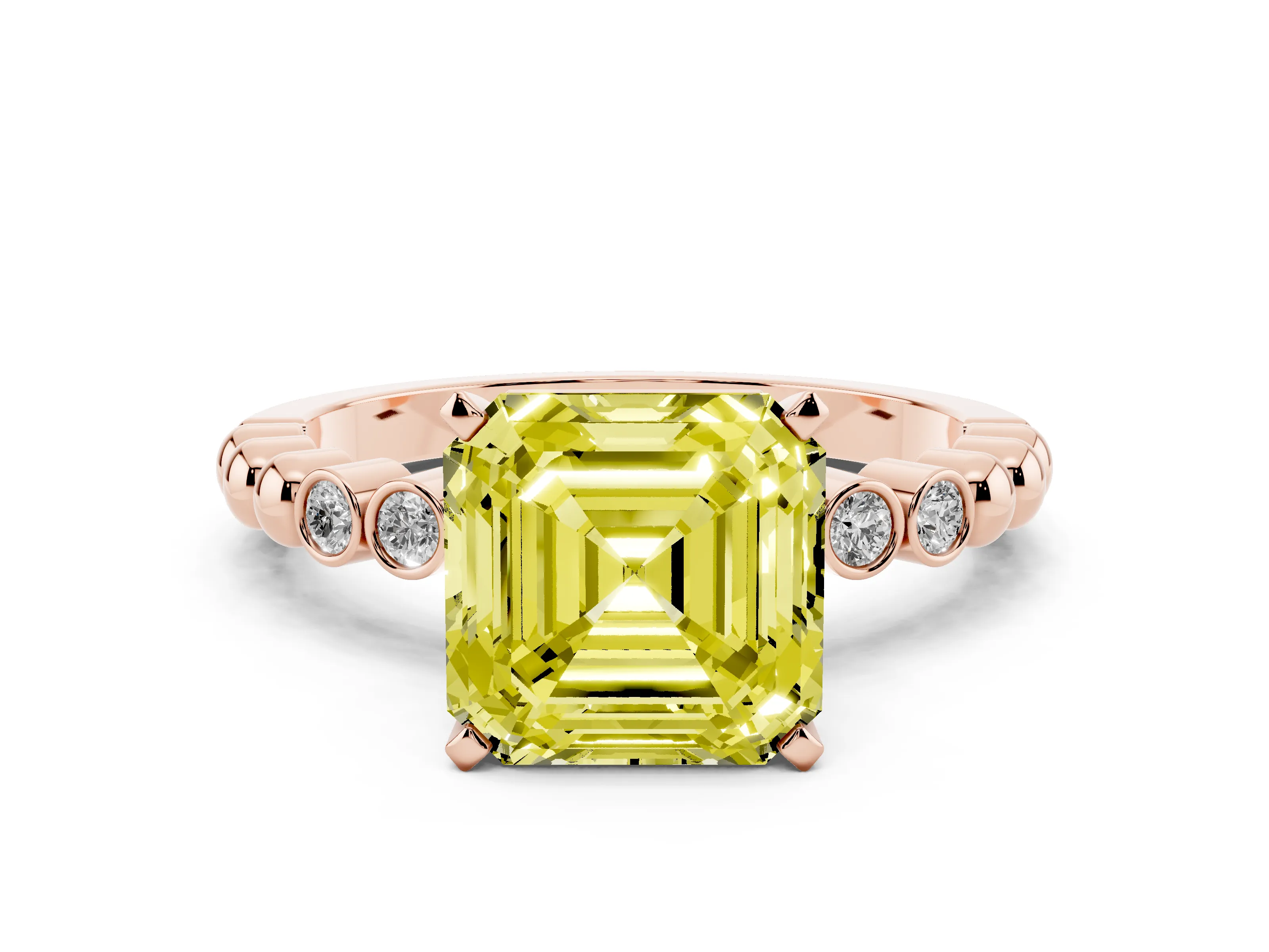 Fancy Yellow Asscher Cut Diamond Solitaire Engagement Ring Set in Rose gold with Bezel Accents on Beaded Band