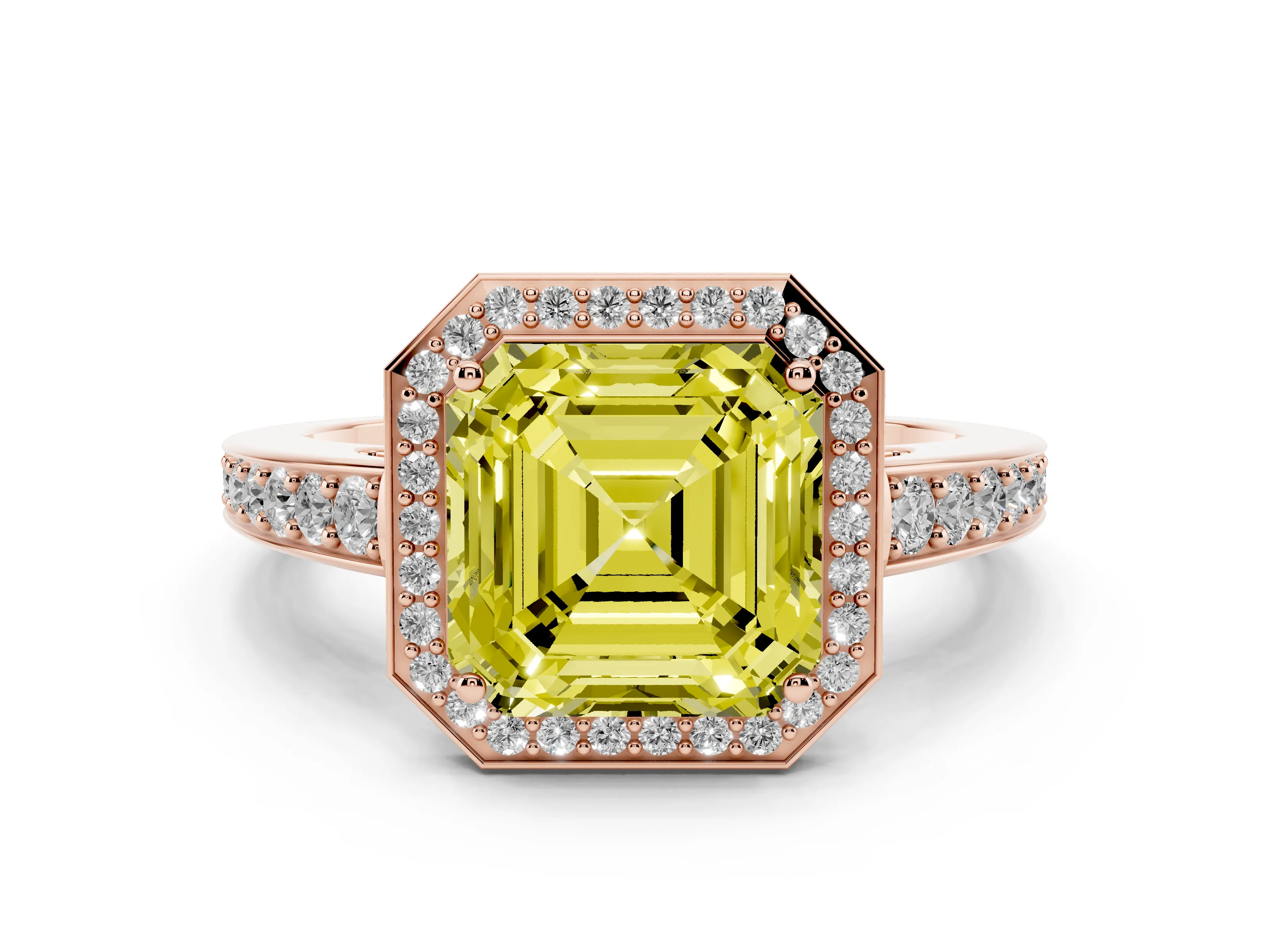 Fancy Yellow Asscher Cut Diamond Halo Pavé Engagement Ring Set in Rose gold with Bezel Setting