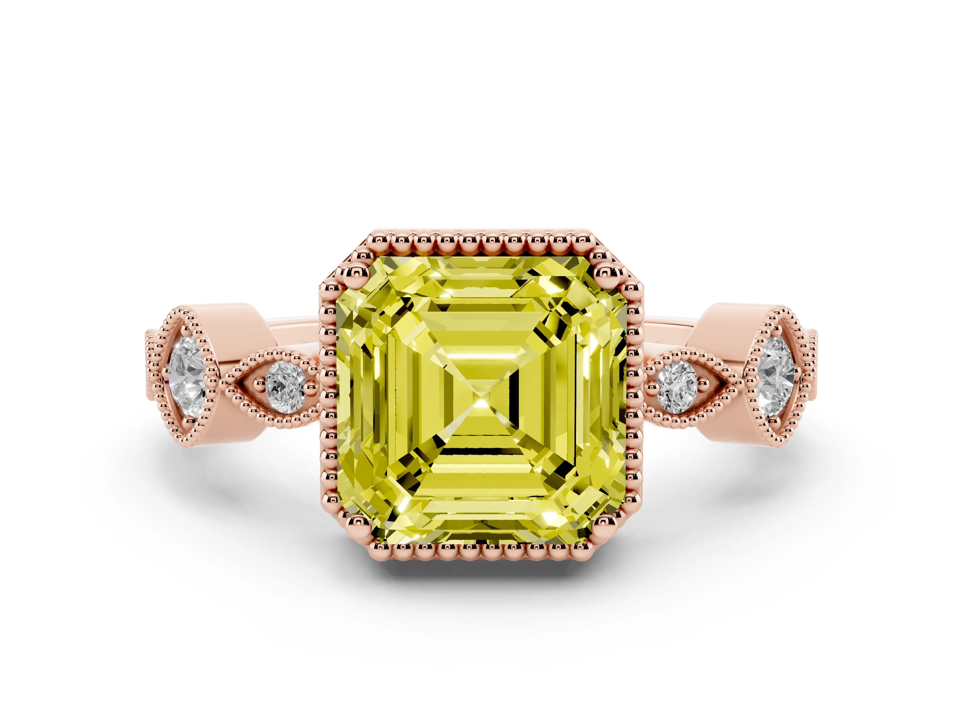 Fancy Yellow Asscher Cut Diamond Vintage-Inspired Milgrain Ring Set in Rose gold with Marquise Stations of Round Accents