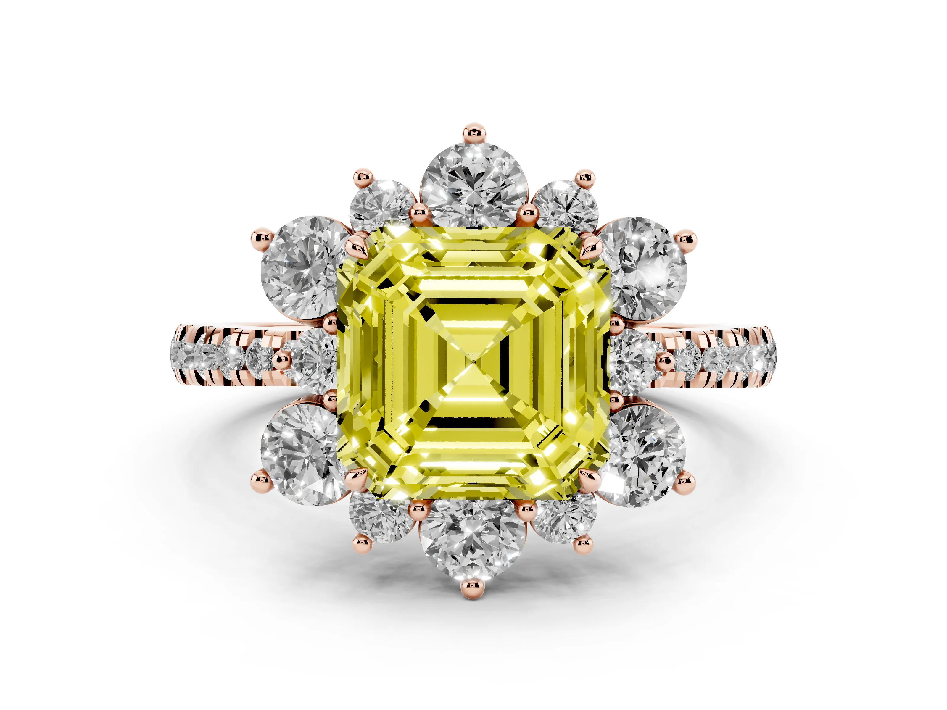 Fancy Yellow Asscher Cut Diamond Floral Halo Ring Set in Rose gold with Round Pavé Band and Prong Setting