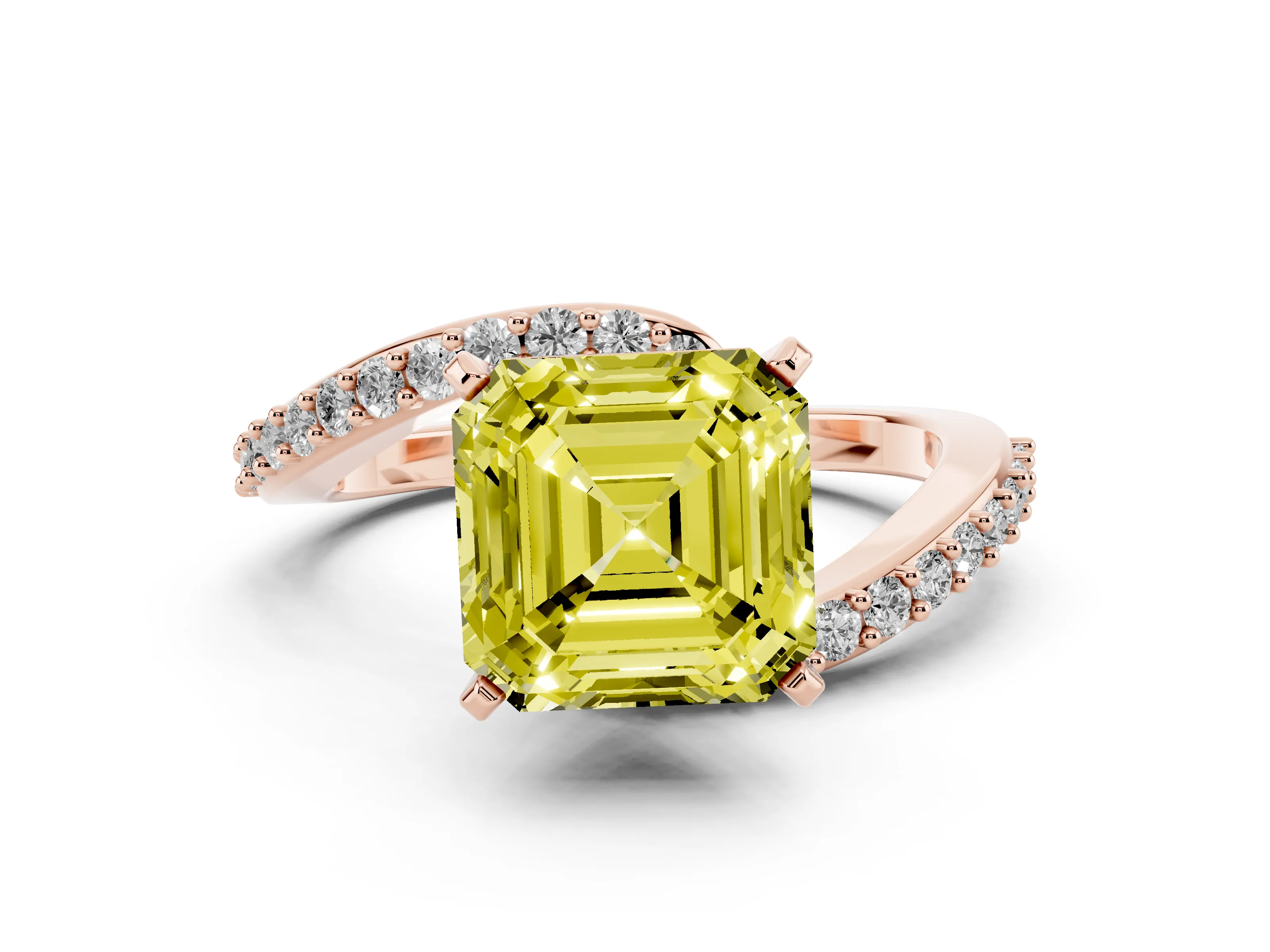 Fancy Yellow Asscher Cut Diamond Solitaire Ring Set in Rose gold with Pavé Twist Band and Prong Setting