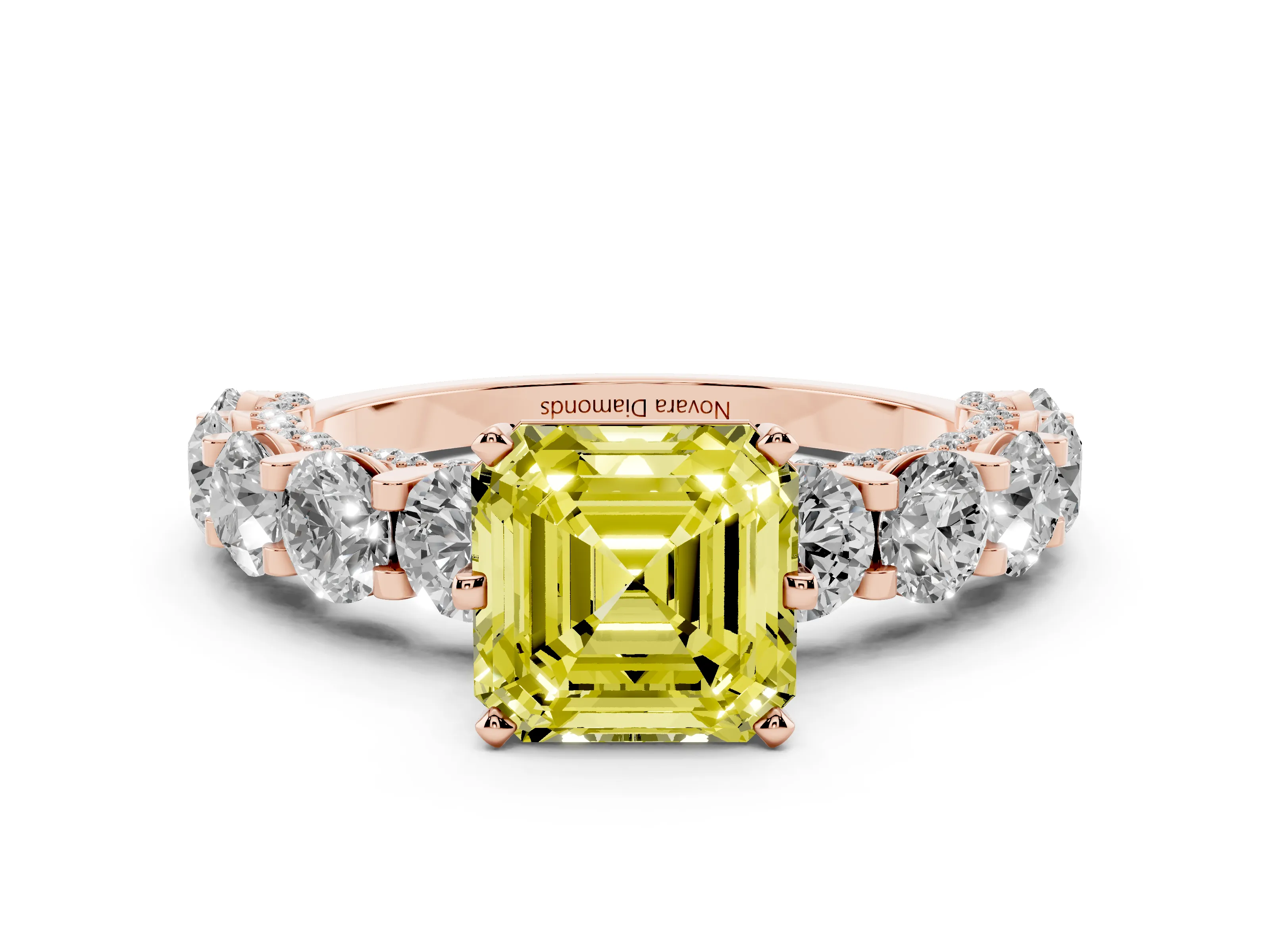Fancy Yellow Asscher Cut Diamond Side Stone Ring Set in Rose gold with Alternating Round and Oval Side Stones