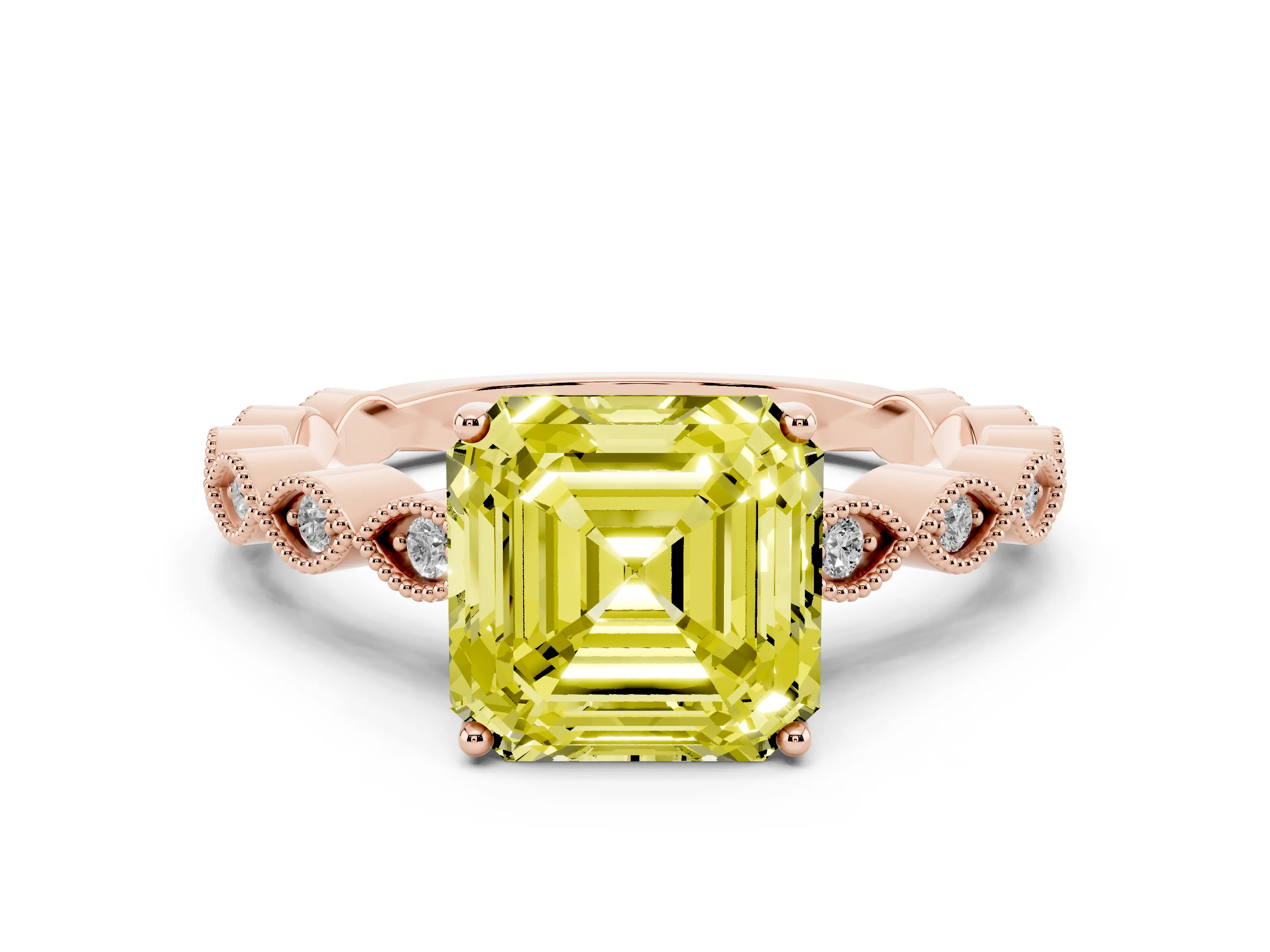 Fancy Yellow Asscher Cut Diamond Solitaire Ring Set in Rose gold with Infinity Twist Pavé Band