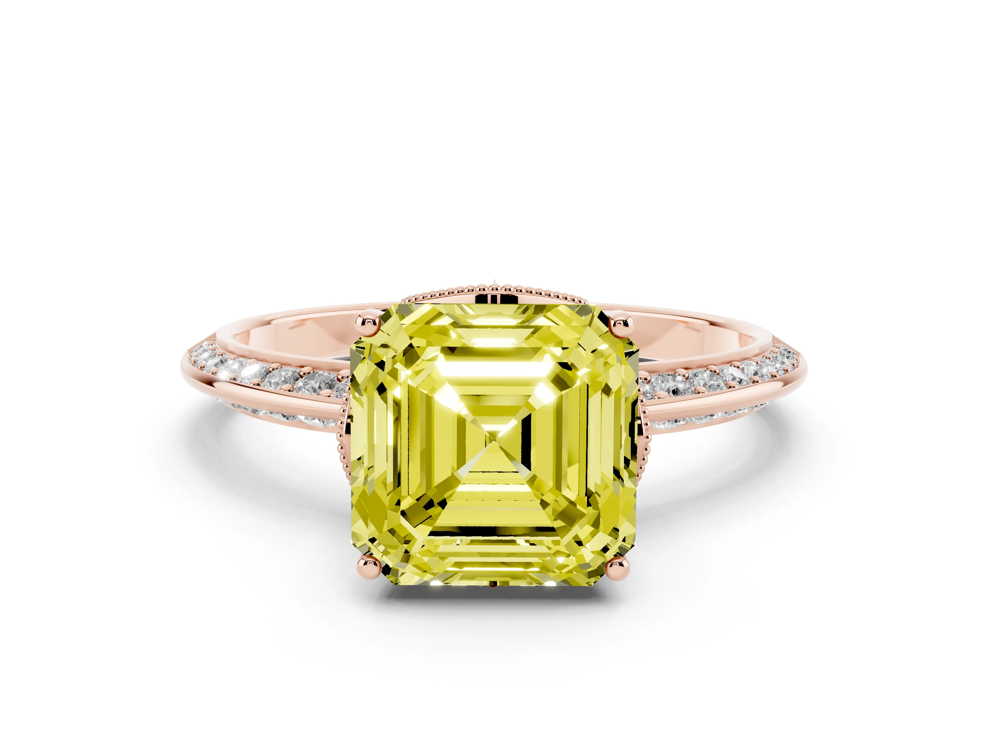 Fancy Yellow Asscher Cut Diamond Solitaire Engagement Ring Set in Rose gold with Pavé Split Shank and Prong Setting
