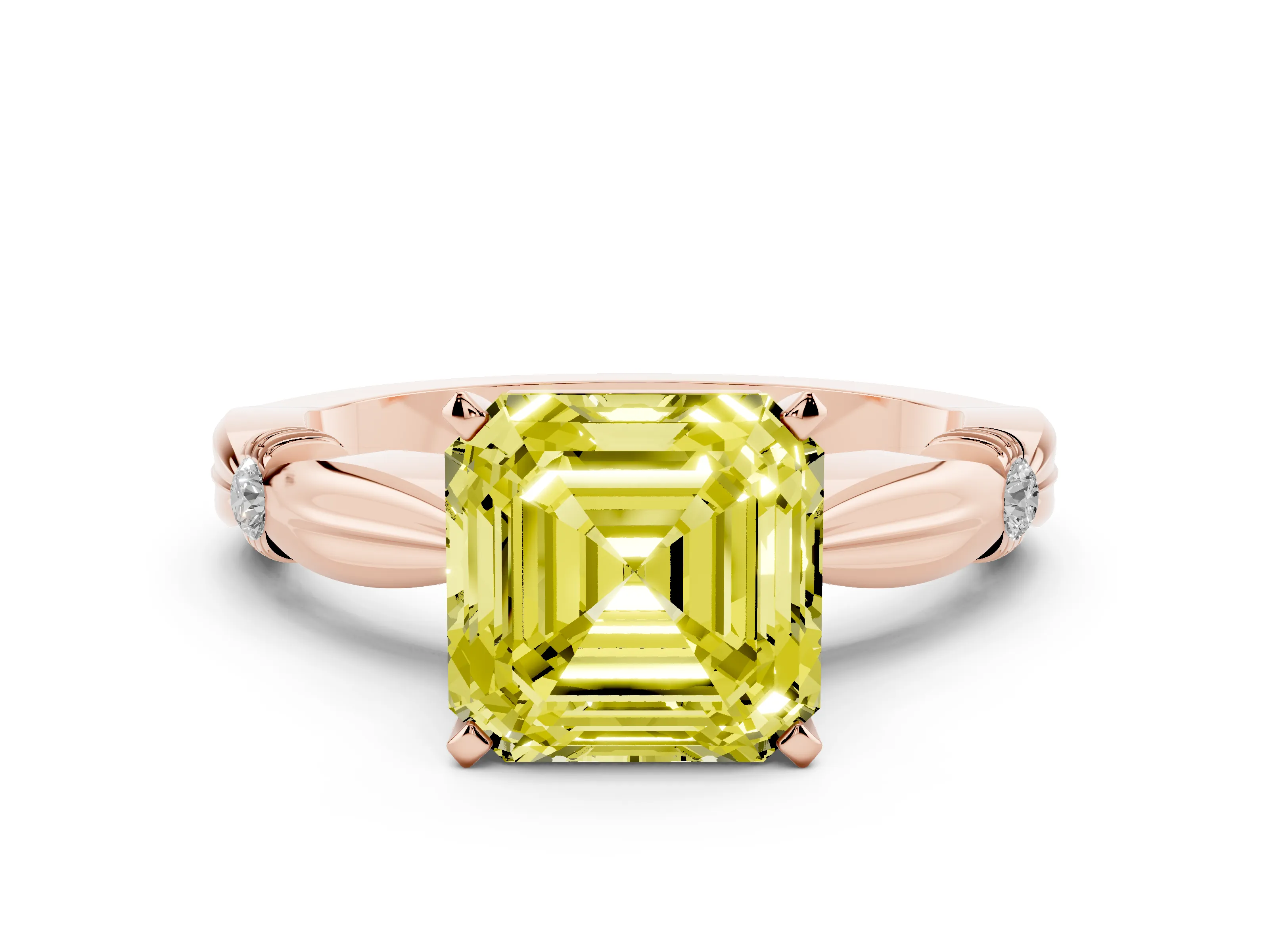 Fancy Yellow Asscher Cut Diamond Solitaire Twisted Band Ring Set in Rose gold with Accent Stones and Prong Setting