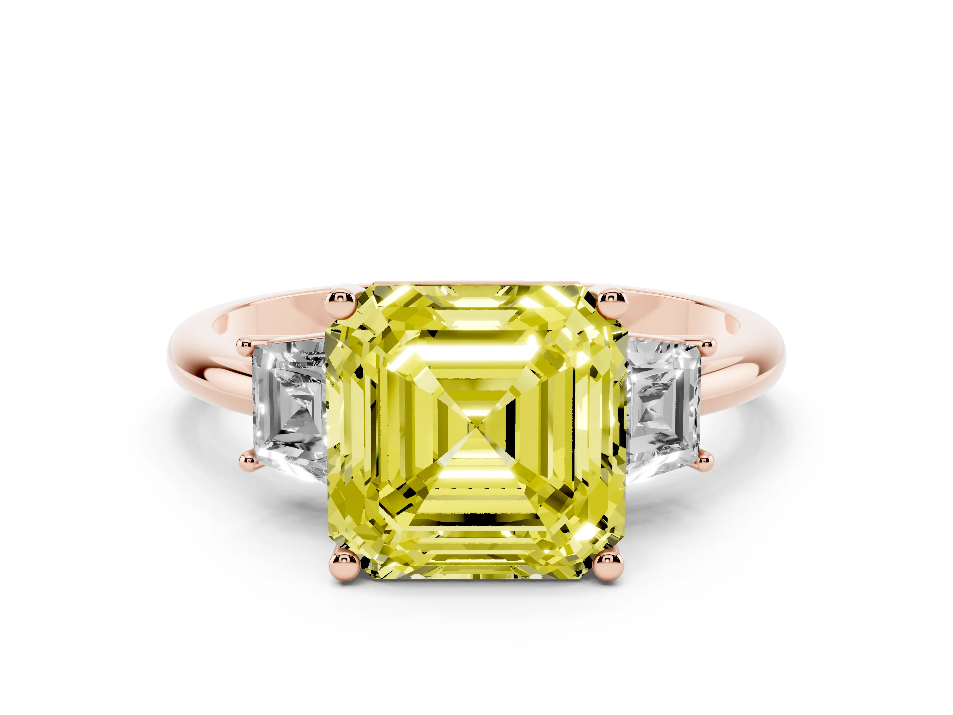 Fancy Yellow Asscher Cut Diamond Three-Stone Ring Set in Rose gold with Trapezoid Side Stones and Prong Setting