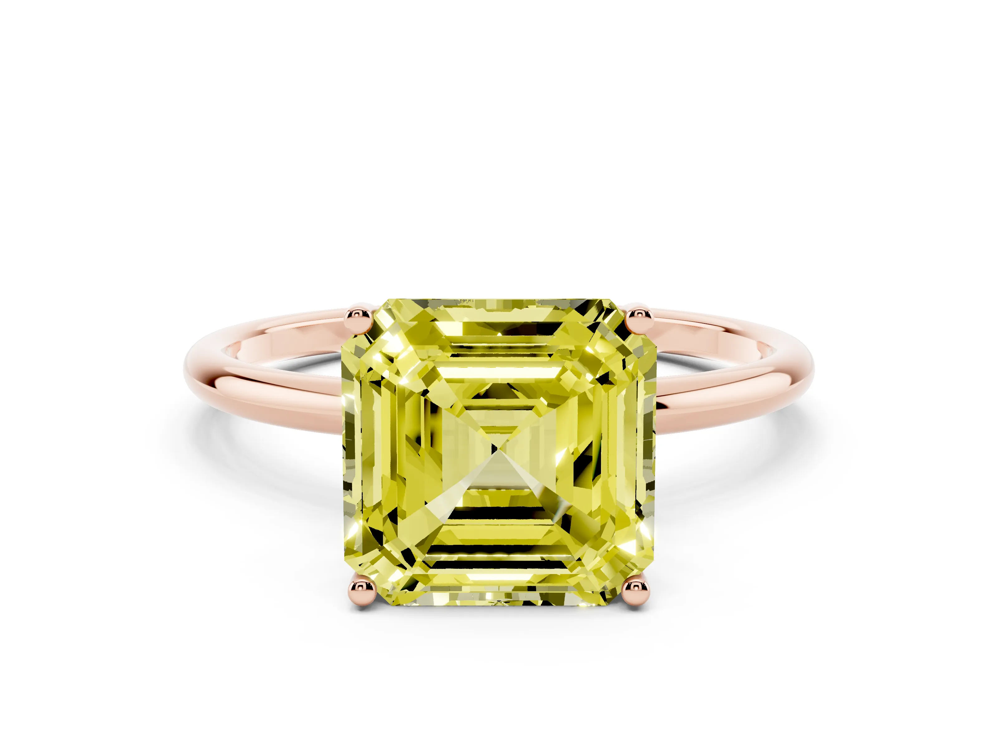 Fancy Yellow Asscher Cut Diamond Solitaire Engagement Ring Set in Rose gold with Thin Band and Prong Setting