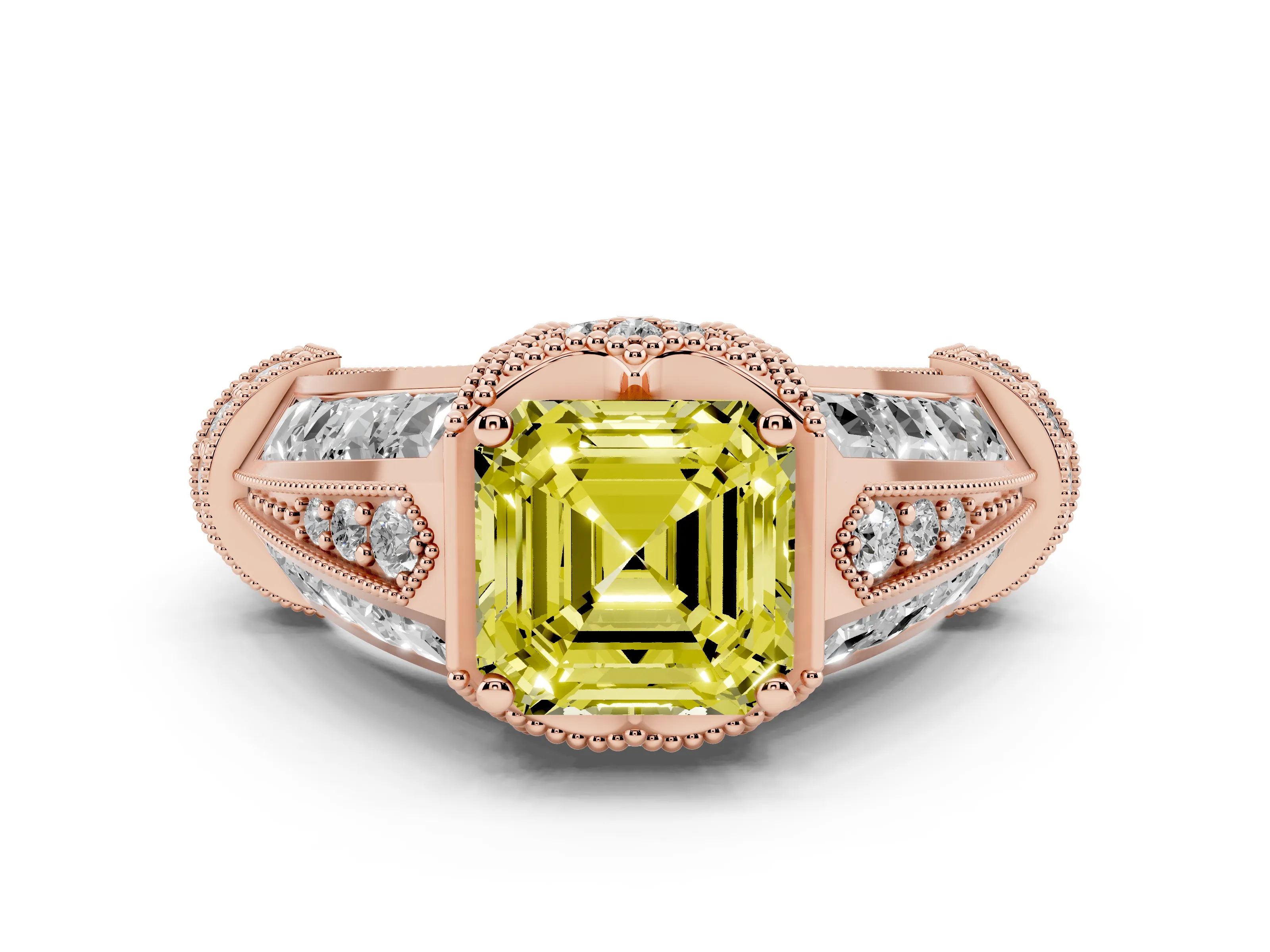 Fancy Yellow Asscher Cut Diamond Vintage-Inspired Milgrain Ring Set in Rose gold with Accent Split Shank
