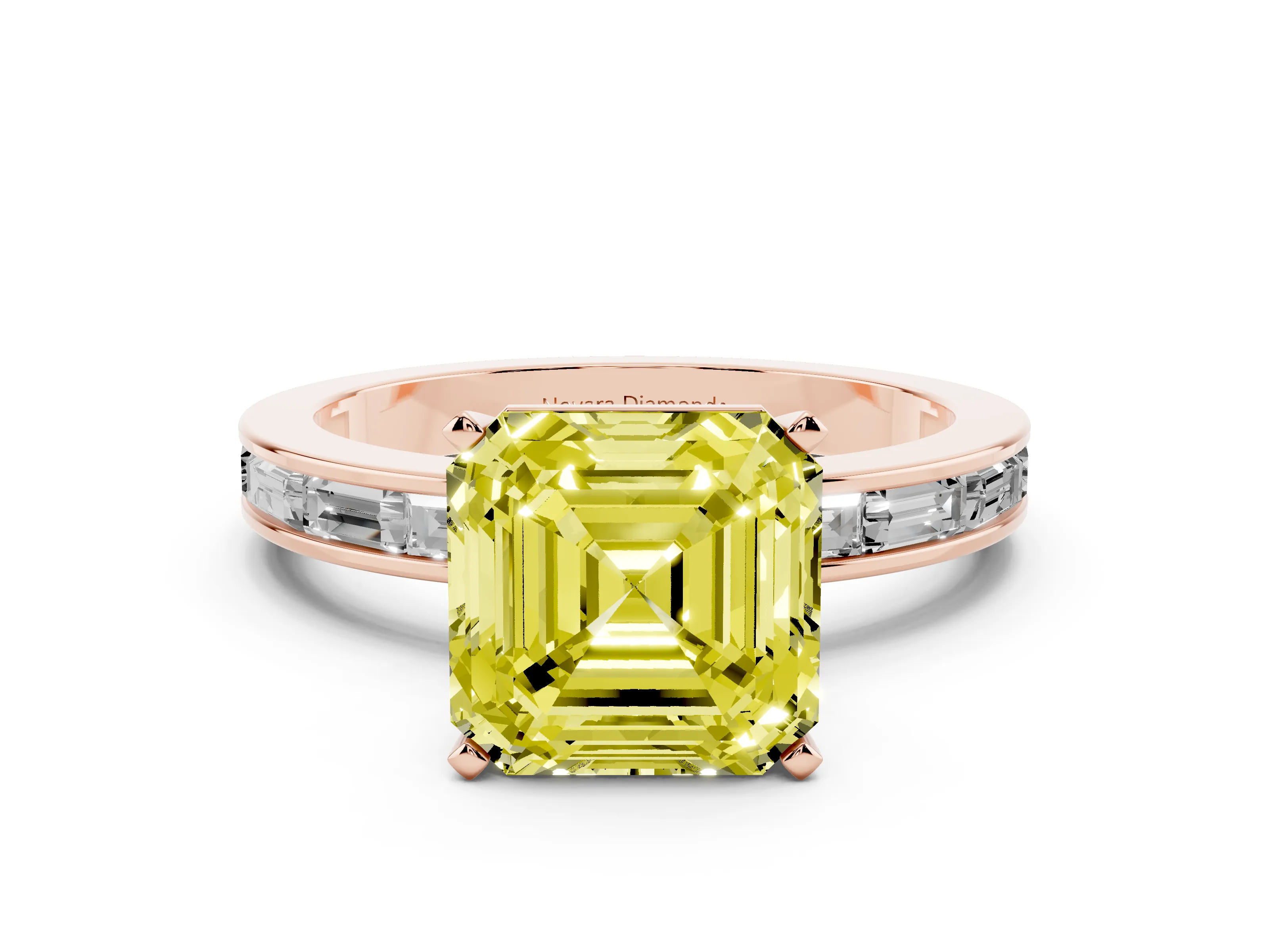 Fancy Yellow Asscher Cut Diamond Solitaire Ring Set in Rose gold with Channel-Set Baguette Band and Prong Setting