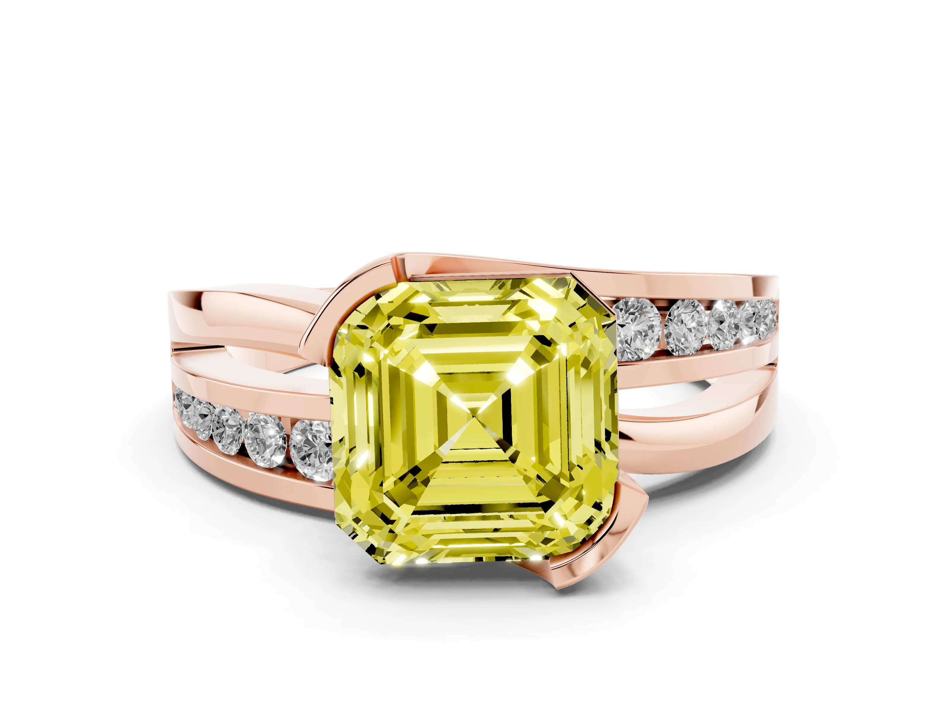 Fancy Yellow Asscher Cut Diamond Solitaire Ring Set in Rose gold with Channel Set Split Shank and Tension Prongs
