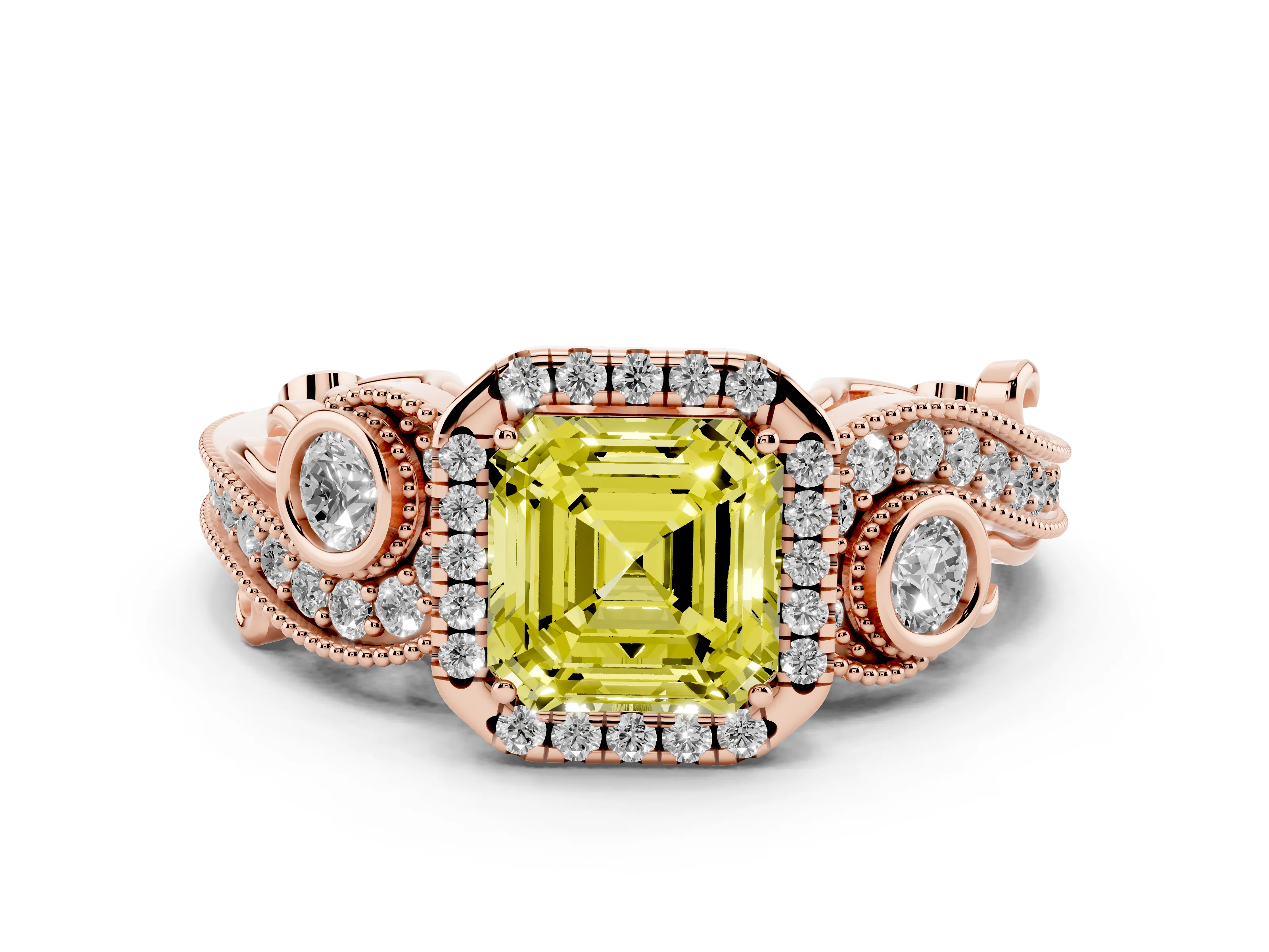 Fancy Yellow Asscher Cut Diamond Halo Ring Set in Rose gold with Milgrain Pavé Band and Prong Setting