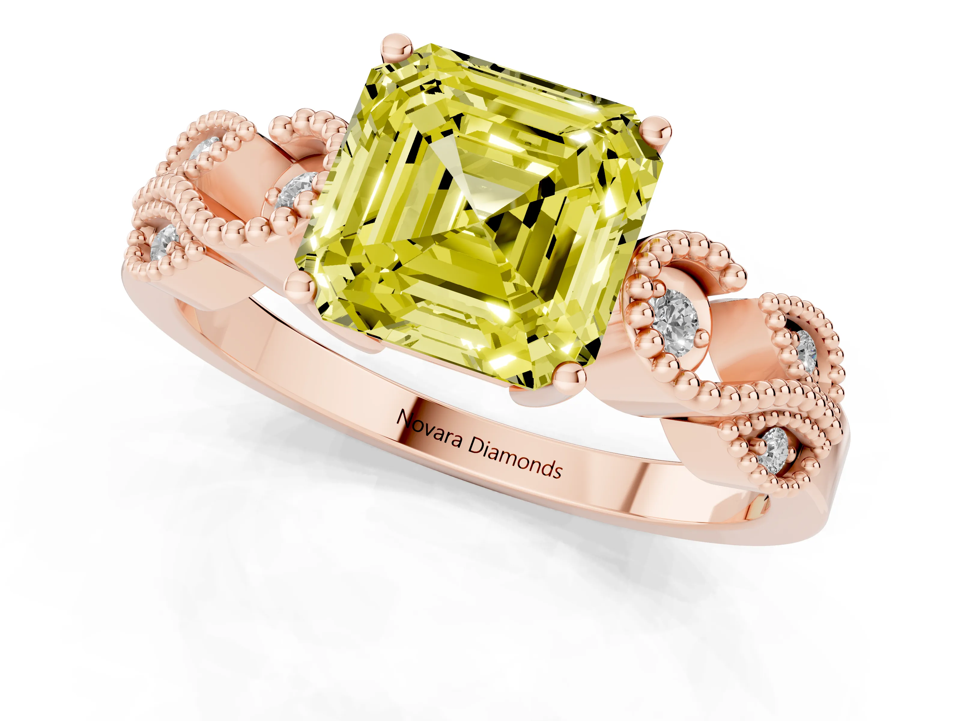 Fancy Yellow Asscher Cut Diamond Milgrain Leaf Band Solitaire Ring Set in Rose gold with Accent Stones and Prong Setting