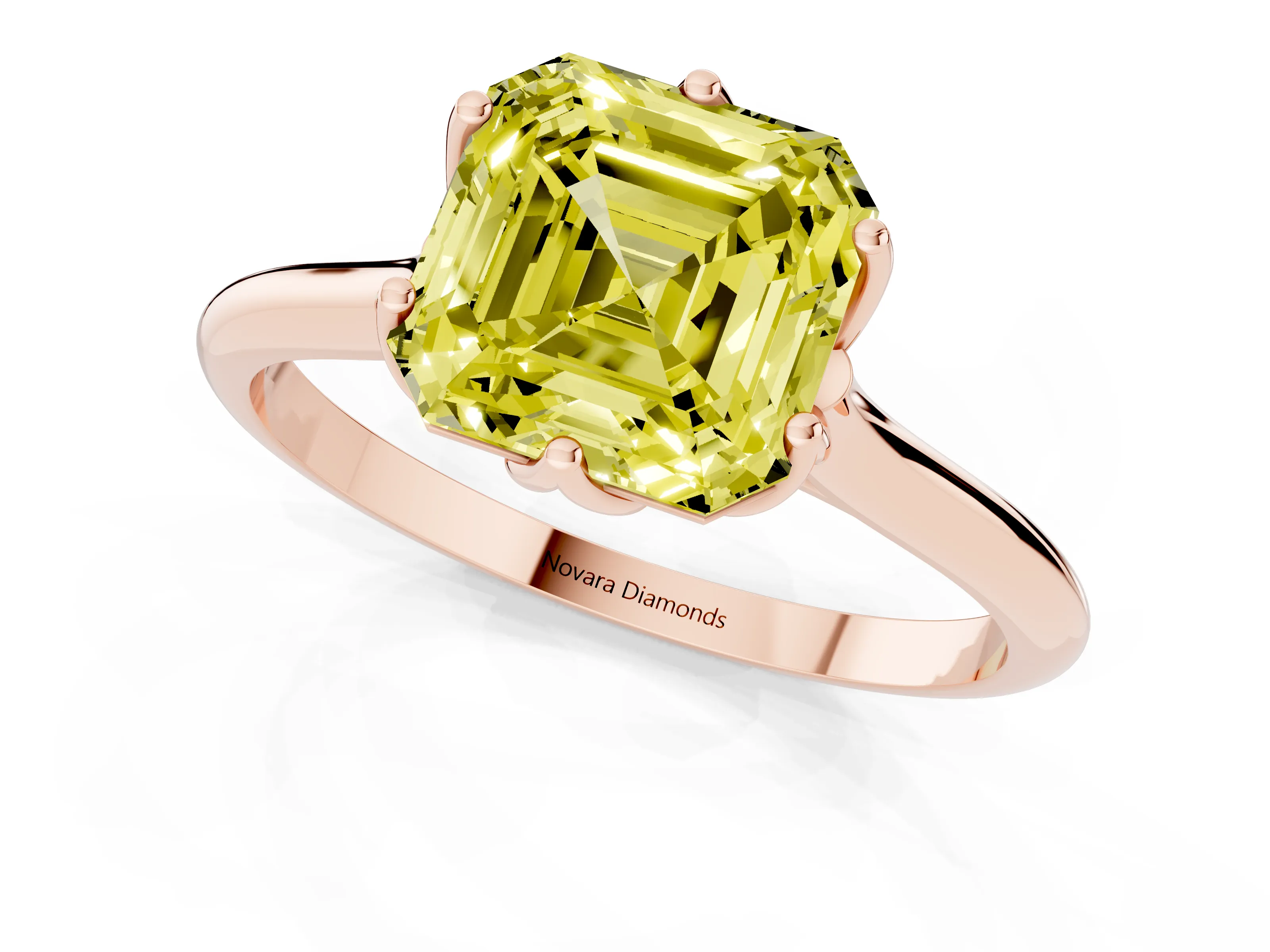 Fancy Yellow Asscher Cut Diamond Solitaire Cathedral Ring Set in Rose gold with Prong Setting