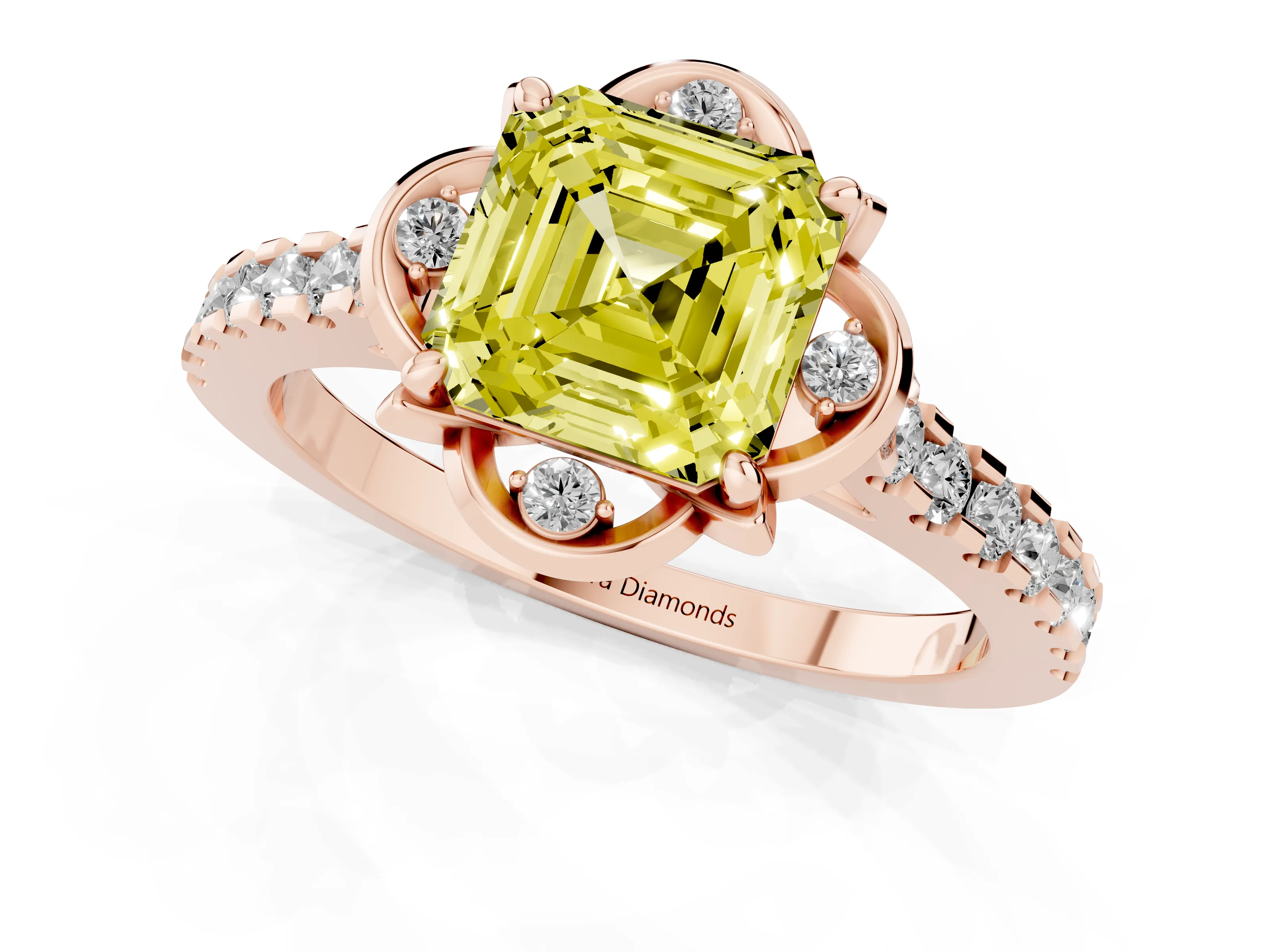 Fancy Yellow Asscher Cut Diamond Solitaire Ring Set in Rose gold with Pavé Band and Floral Prong Setting