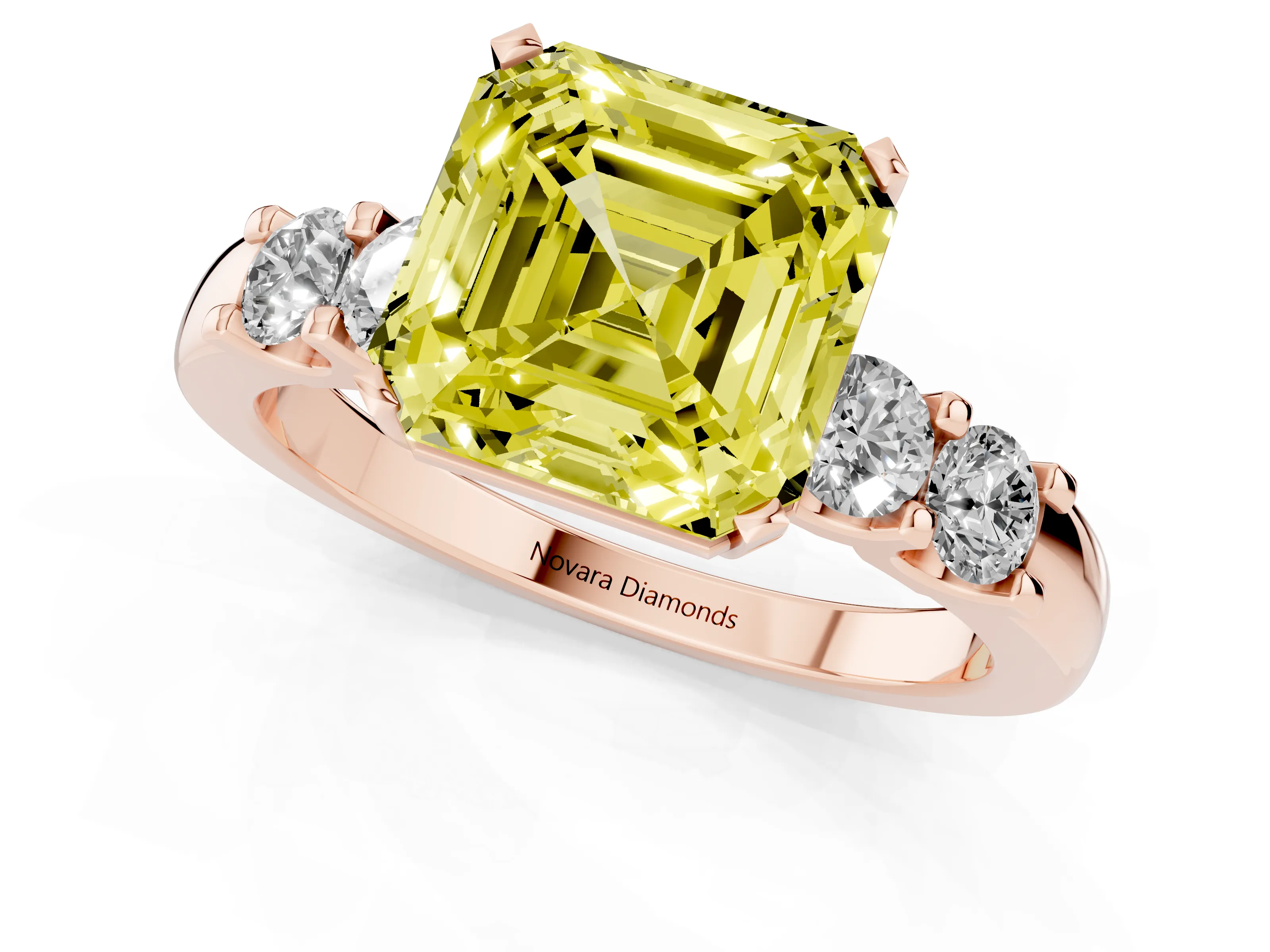 Fancy Yellow Asscher Cut Diamond Five-Stone Prong Set Engagement Ring Set in Rose gold with Channel Band
