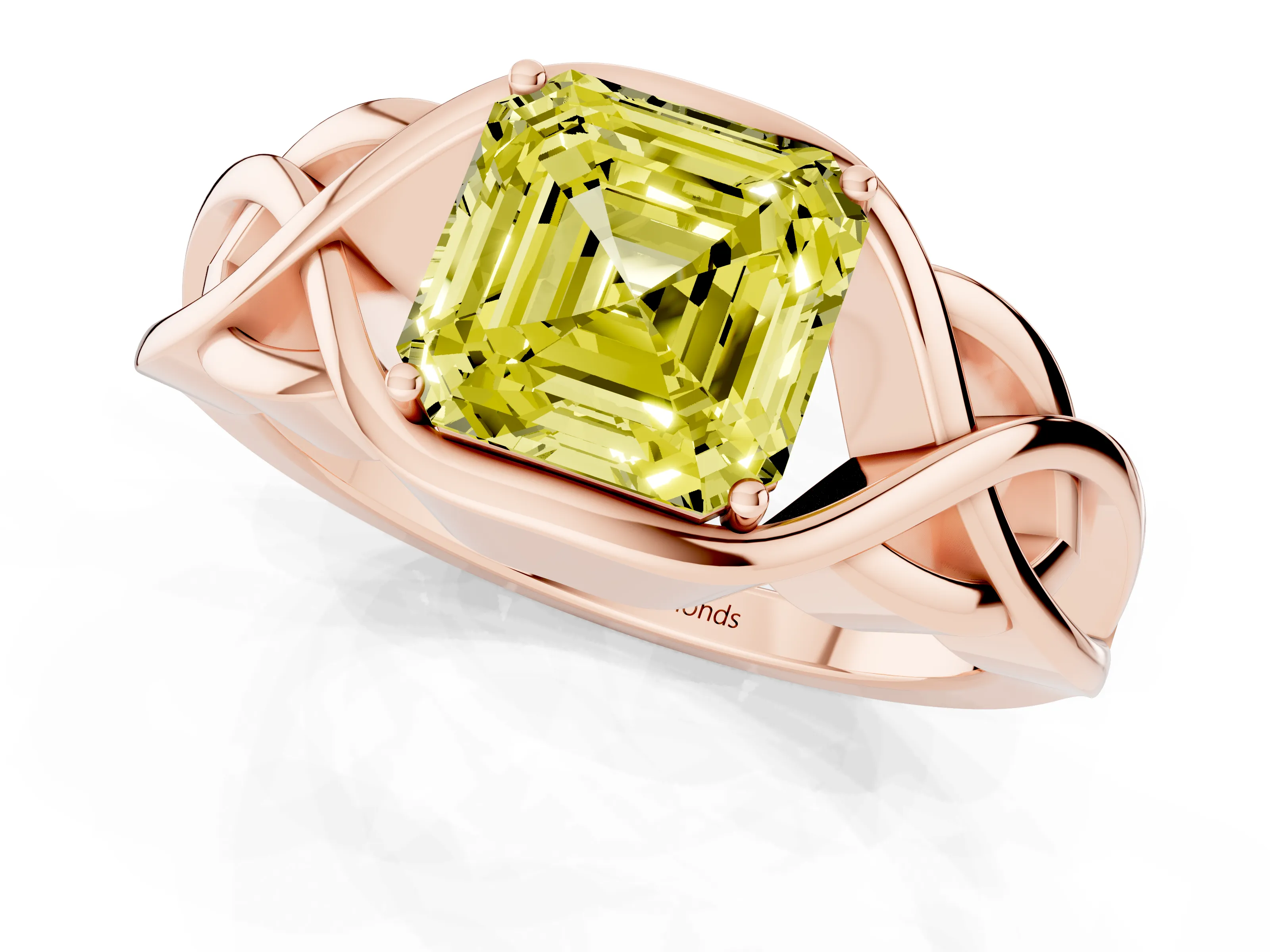 Fancy Yellow Asscher Cut Diamond Solitaire Ring Set in Rose gold with Intertwined Band