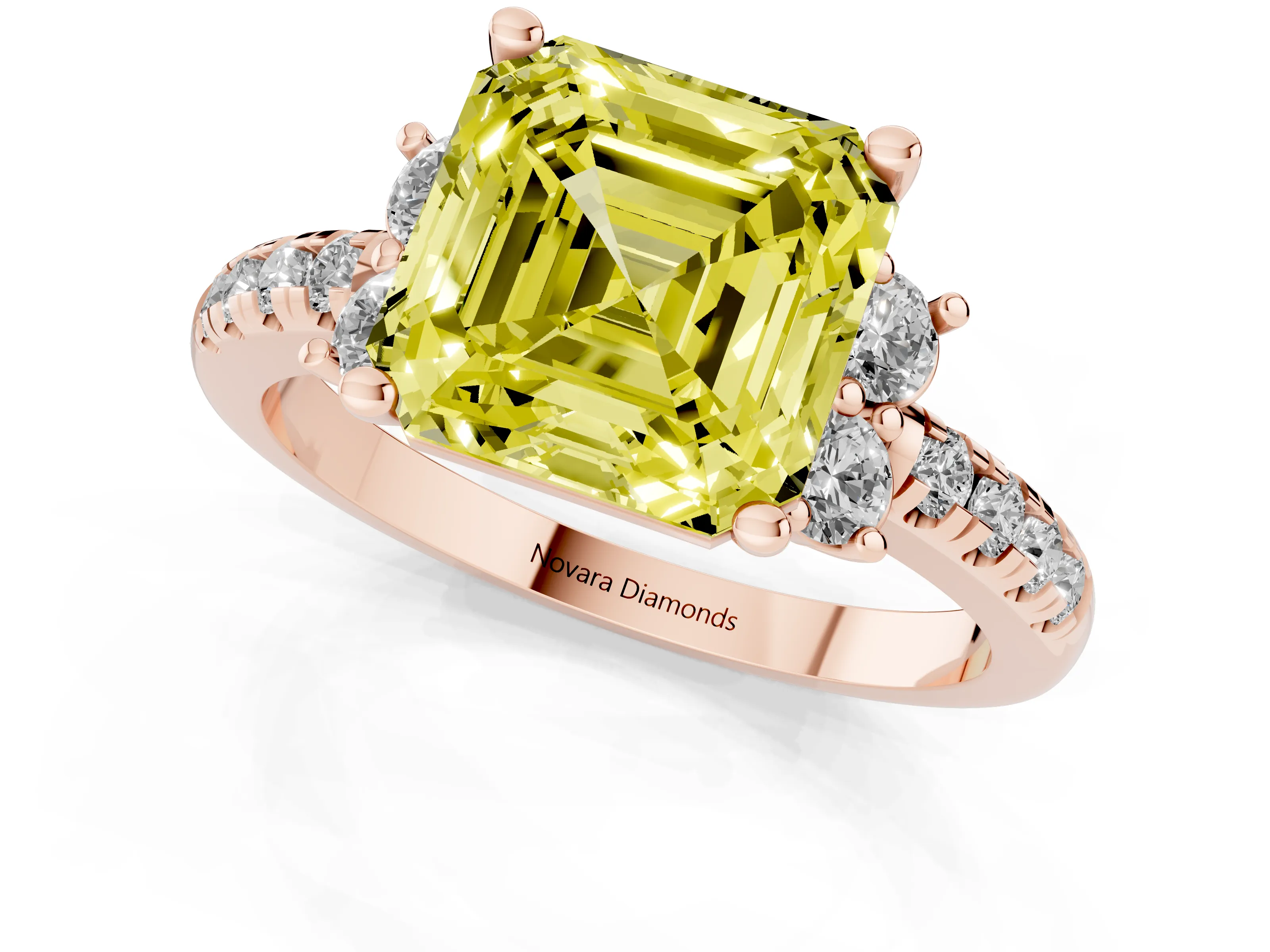 Fancy Yellow Asscher Cut Diamond Three-Stone Pavé Ring Set in Rose gold with Prong Setting