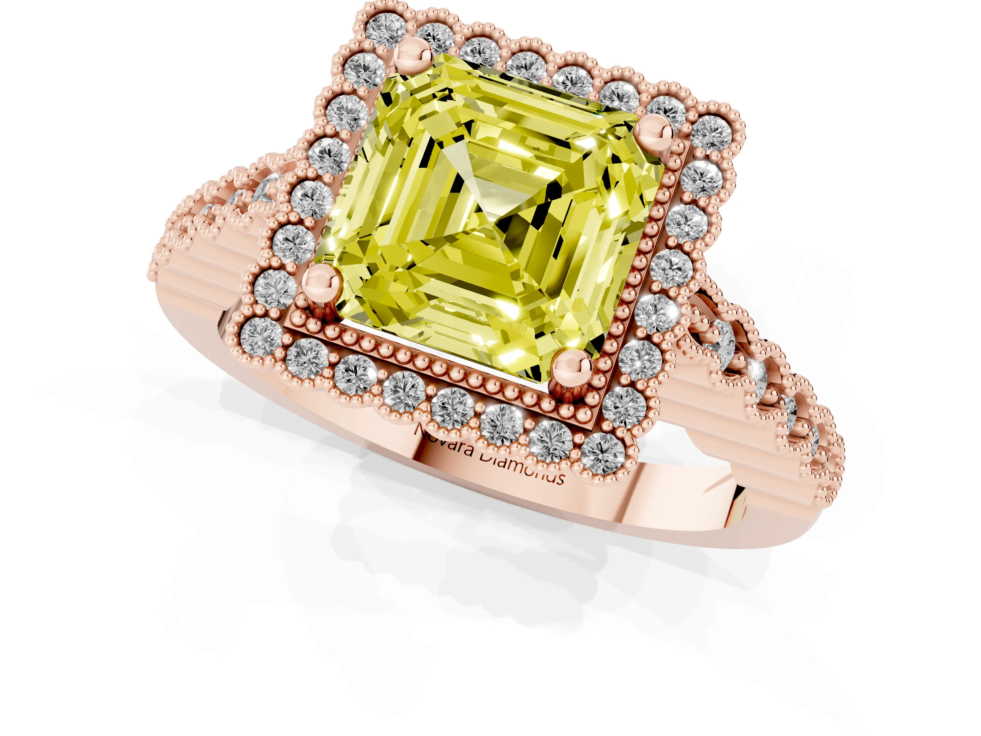 Fancy Yellow Asscher Cut Diamond Halo Ring Set in Rose gold with Pavé Milgrain Band