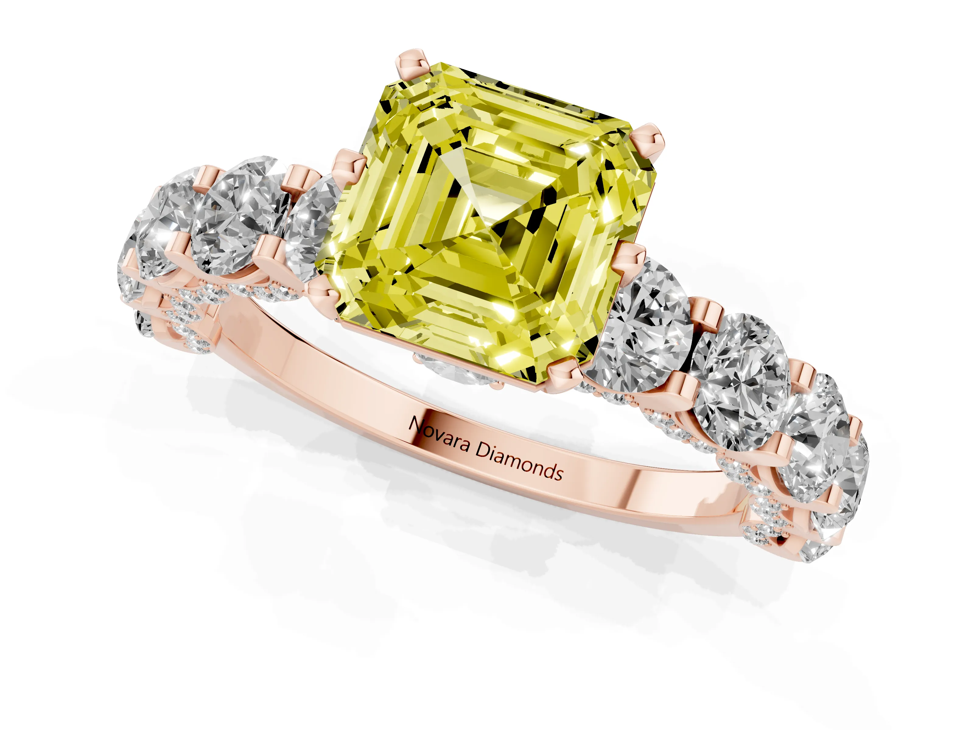Fancy Yellow Asscher Cut Diamond Side Stone Ring Set in Rose gold with Alternating Round and Oval Side Stones