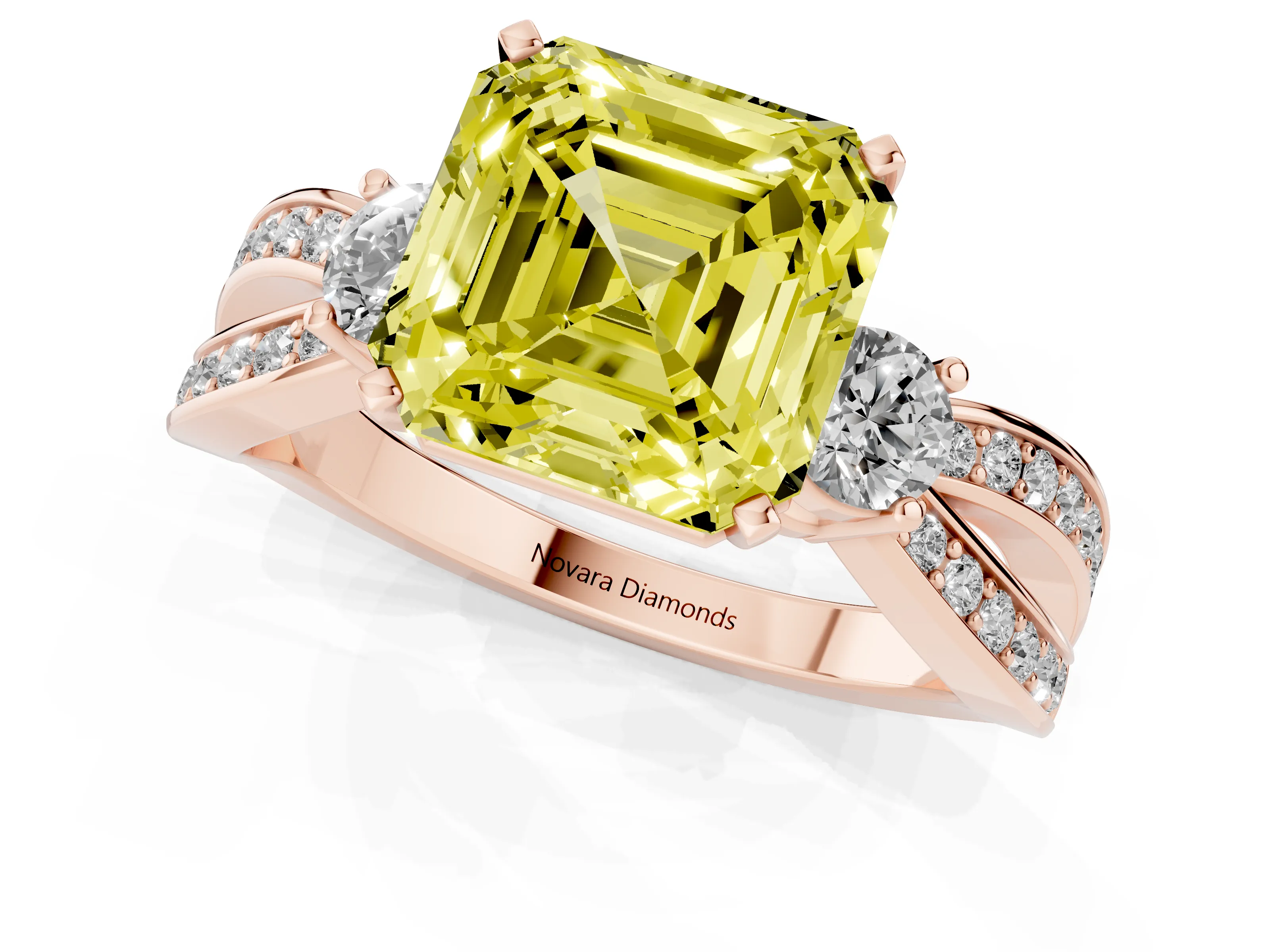 Fancy Yellow Three-Stone Asscher Cut Diamond Twist Band Ring Set in Rose gold with Pavé Accents and Prong Setting