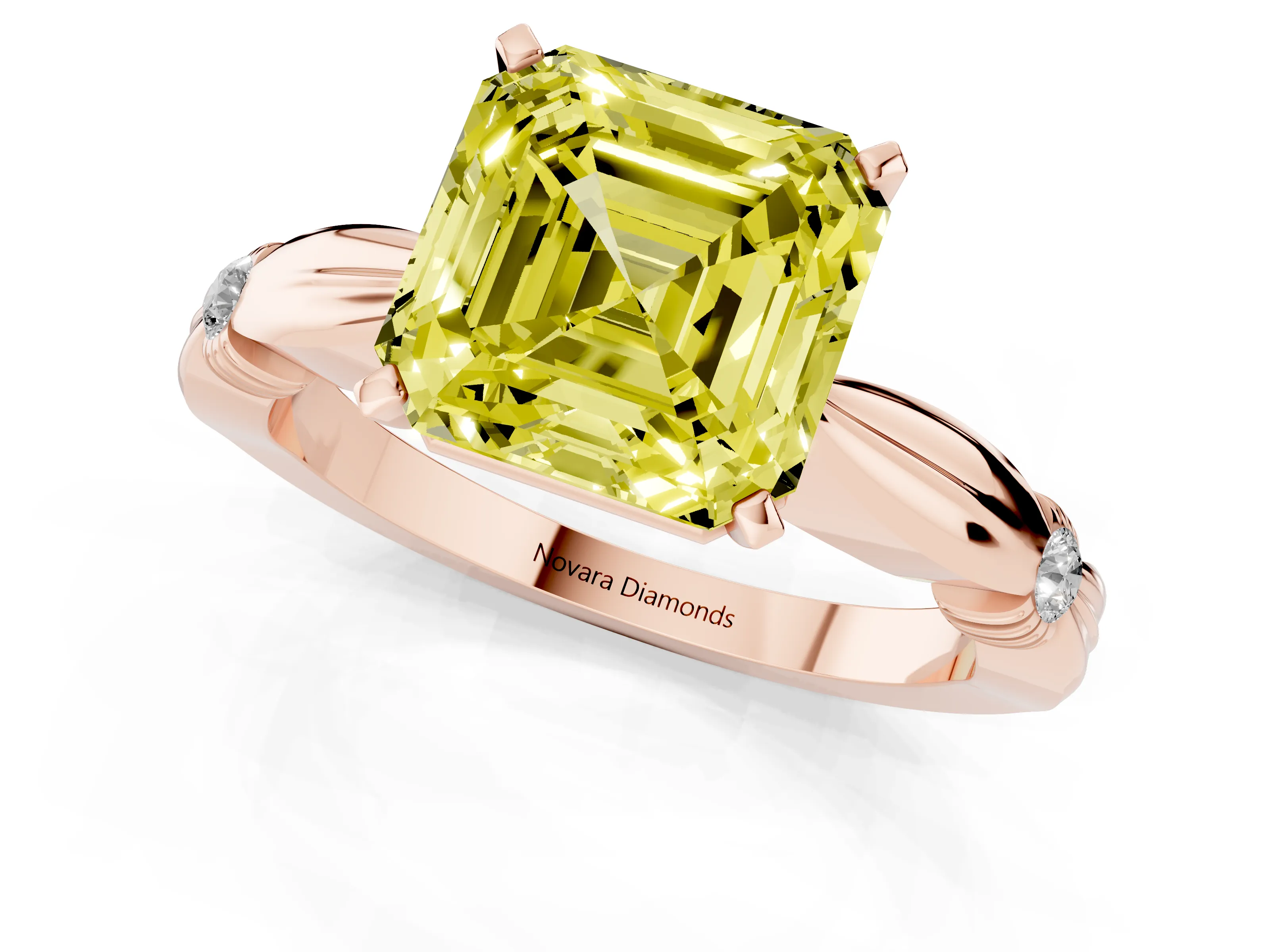 Fancy Yellow Asscher Cut Diamond Solitaire Twisted Band Ring Set in Rose gold with Accent Stones and Prong Setting