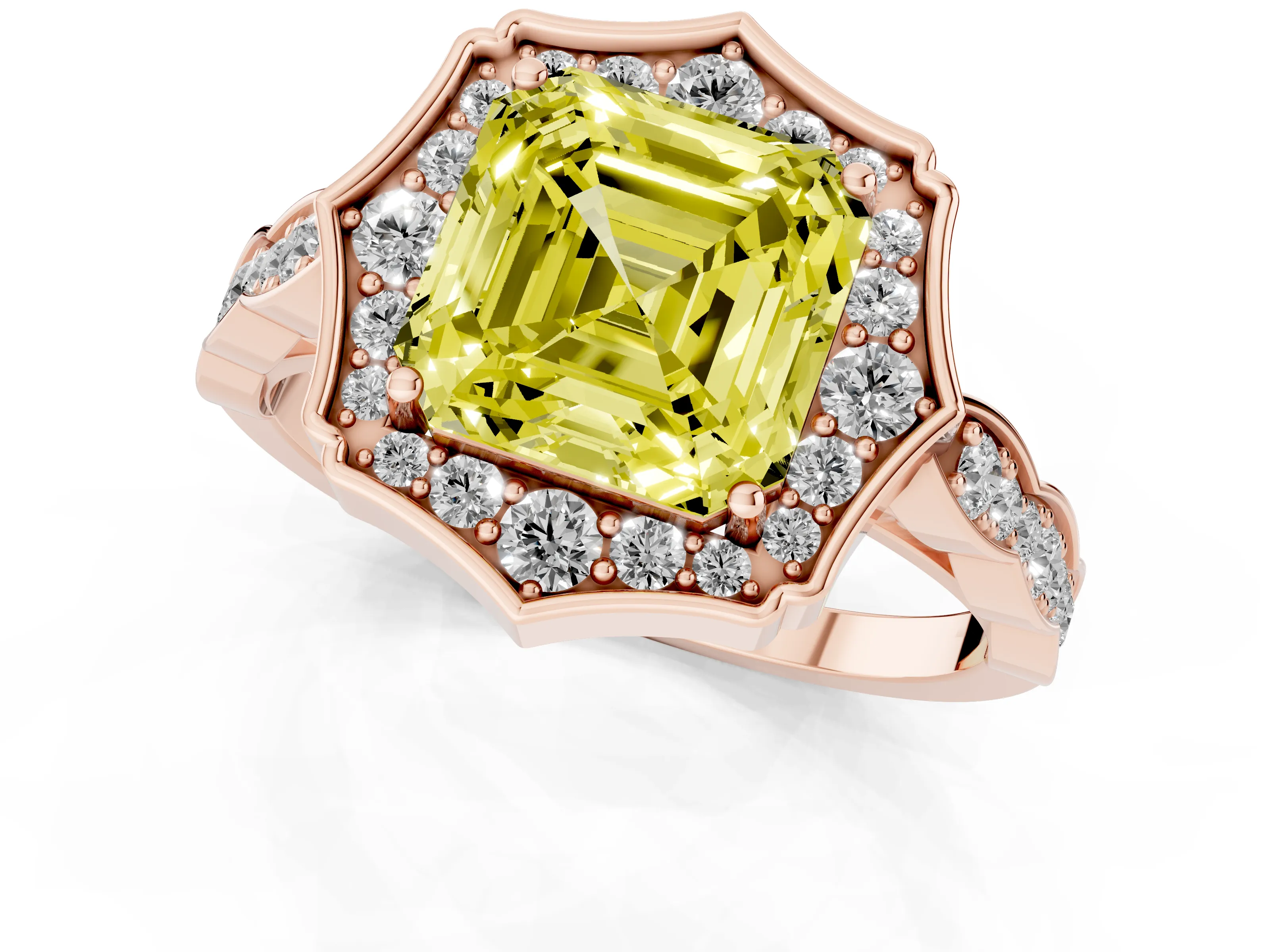 Fancy Yellow Asscher Cut Diamond Halo Engagement Ring Set in Rose gold with Milgrain Band and Prong Setting