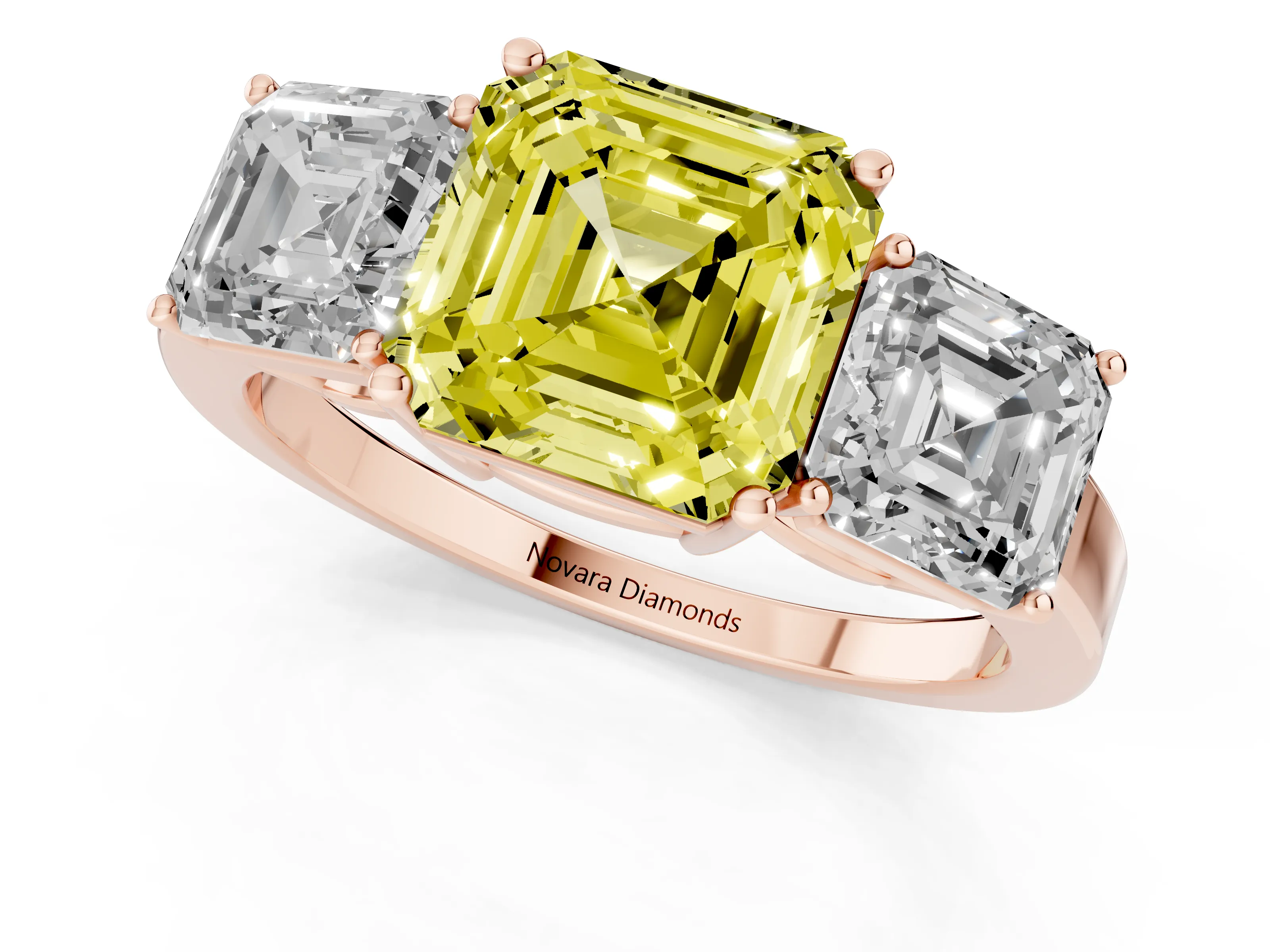 Fancy Yellow Asscher Cut Diamond Three-Stone Engagement Ring Set in Rose gold with Flat Band