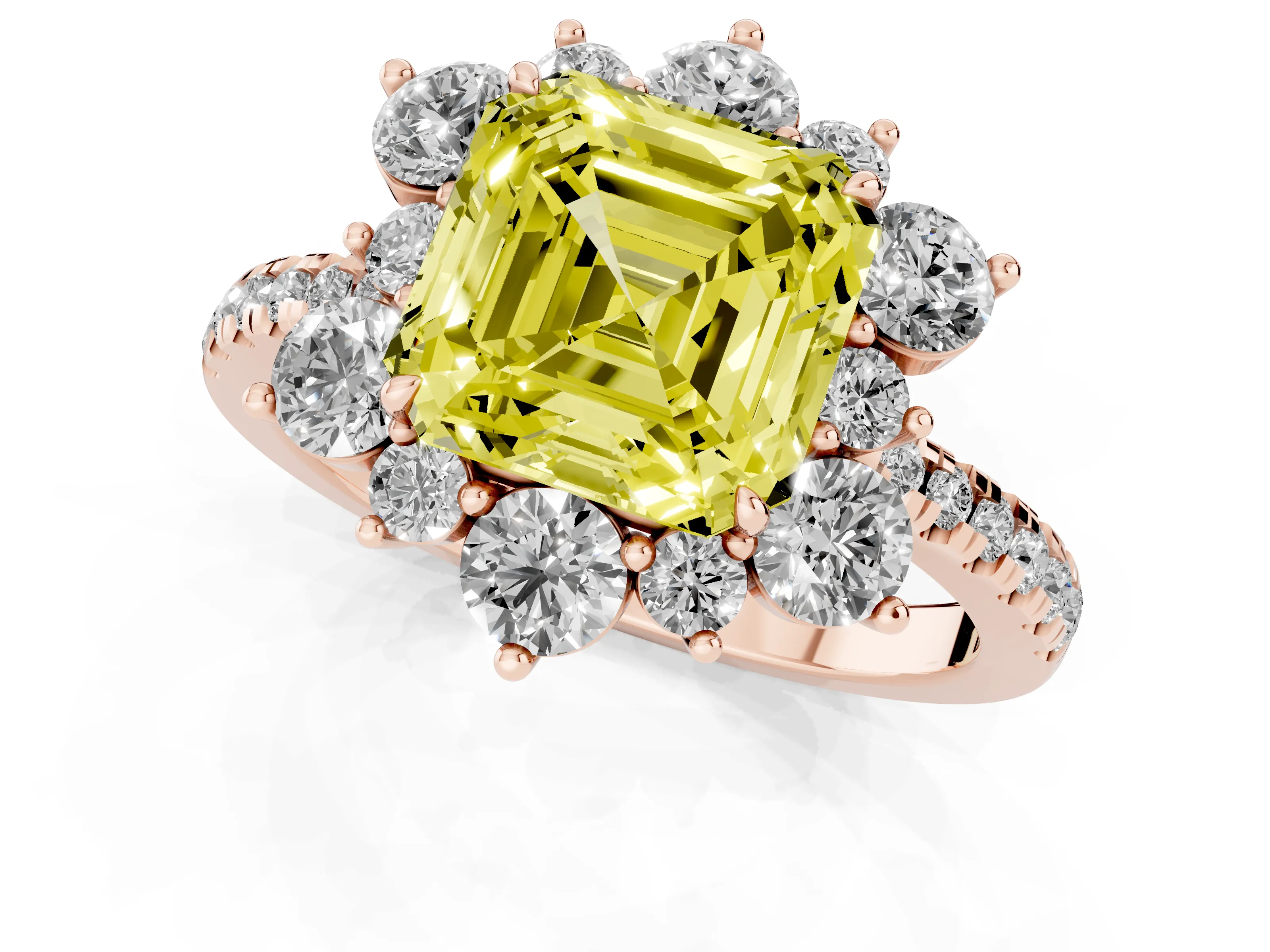 Fancy Yellow Asscher Cut Diamond Floral Halo Ring Set in Rose gold with Round Pavé Band and Prong Setting