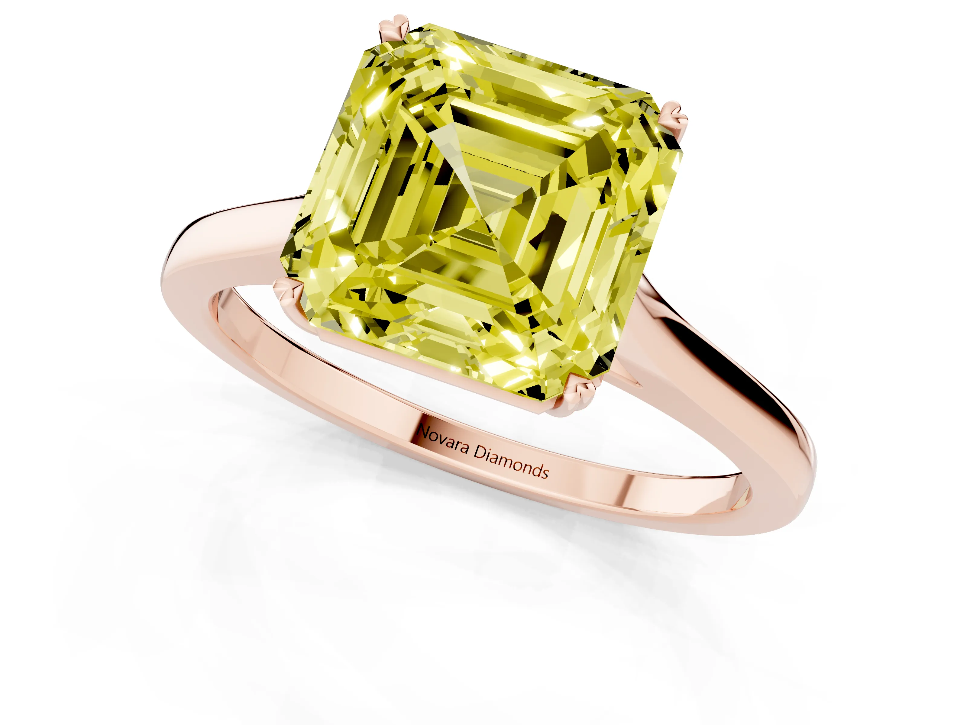 Fancy Yellow Asscher Cut Diamond Solitaire Heart Prong Engagement Ring Set in Rose gold with Tapered Band