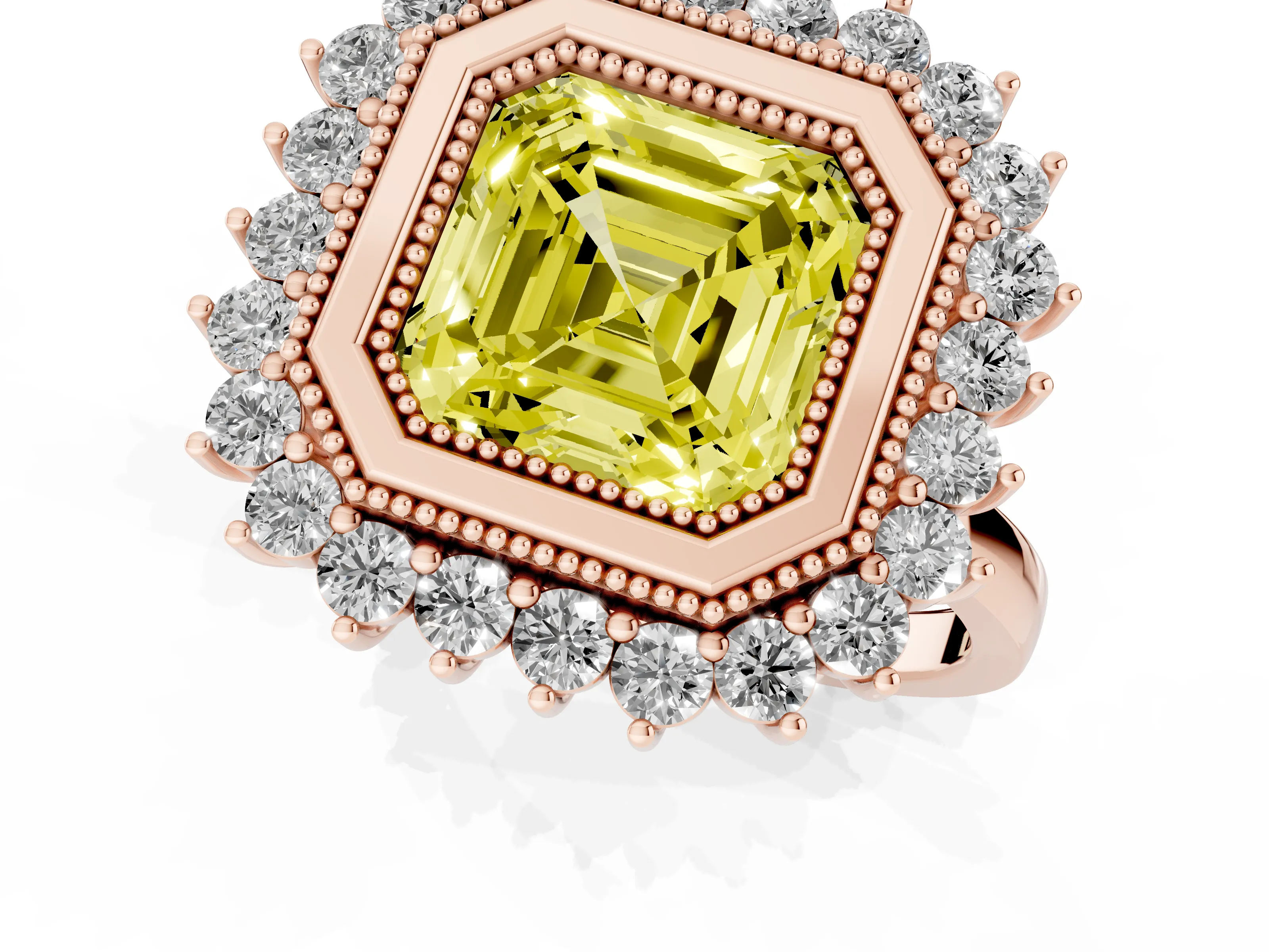 Fancy Yellow Asscher Cut Diamond Halo Ring Set in Rose gold with Milgrain Edge and Round Prong Setting