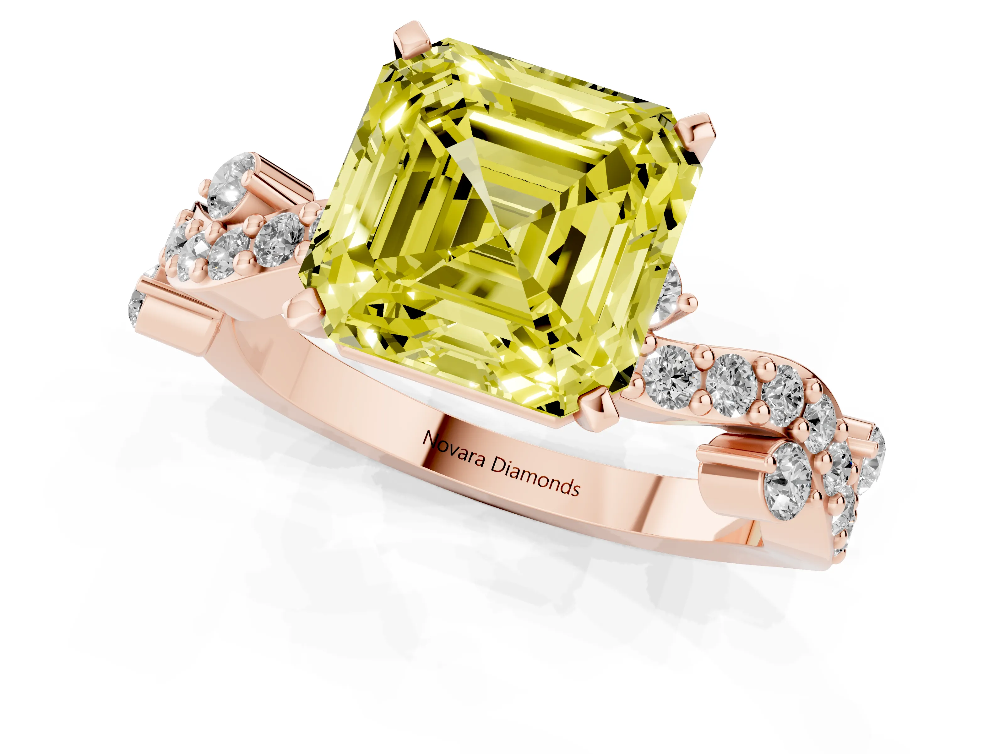 Fancy Yellow Asscher Cut Diamond Solitaire Twisted Band Set in Rose gold with Pavé Setting