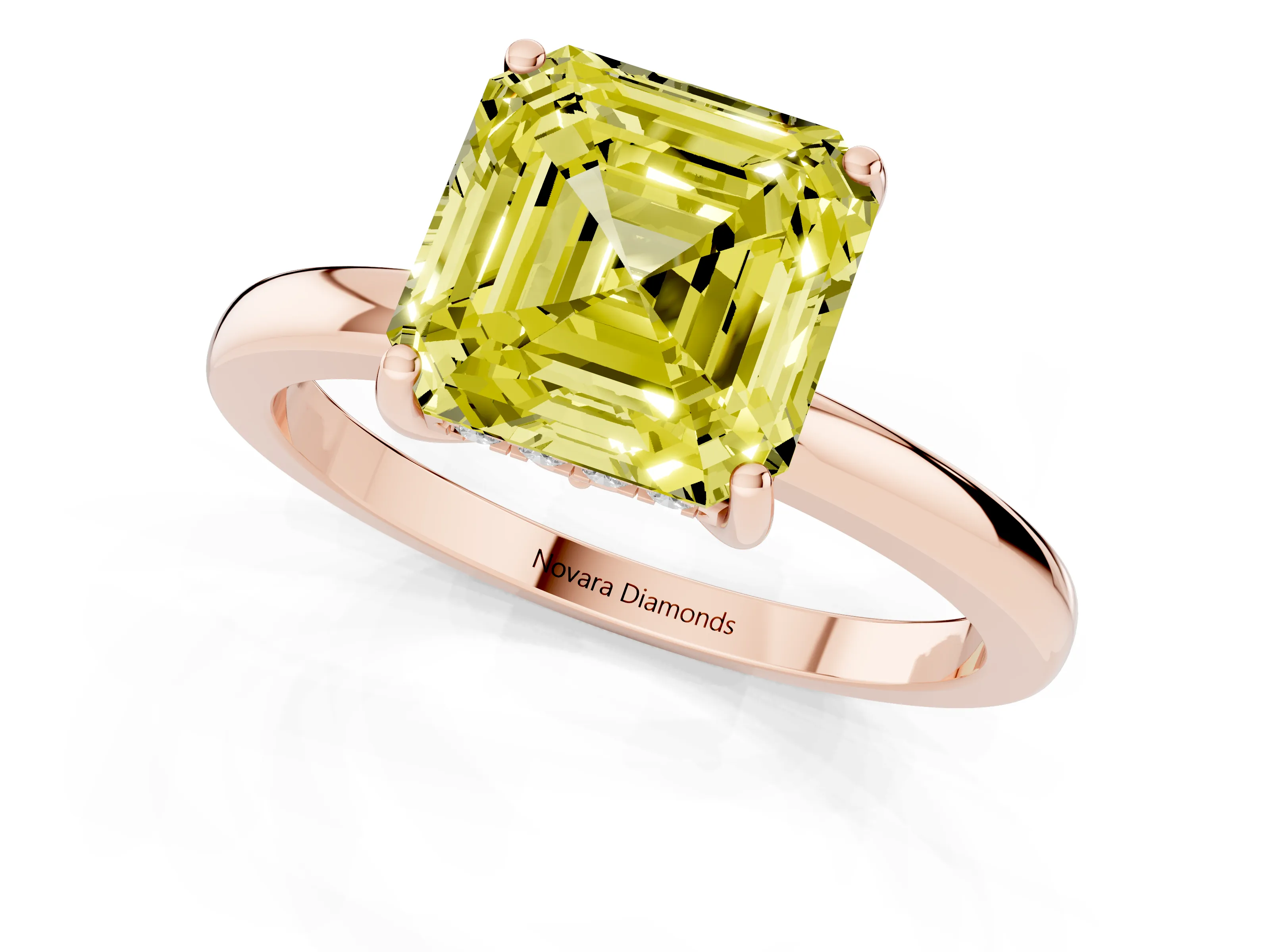 Fancy Yellow Asscher Cut Diamond Solitaire Ring Set in Rose gold with Plain Band and Prong Setting