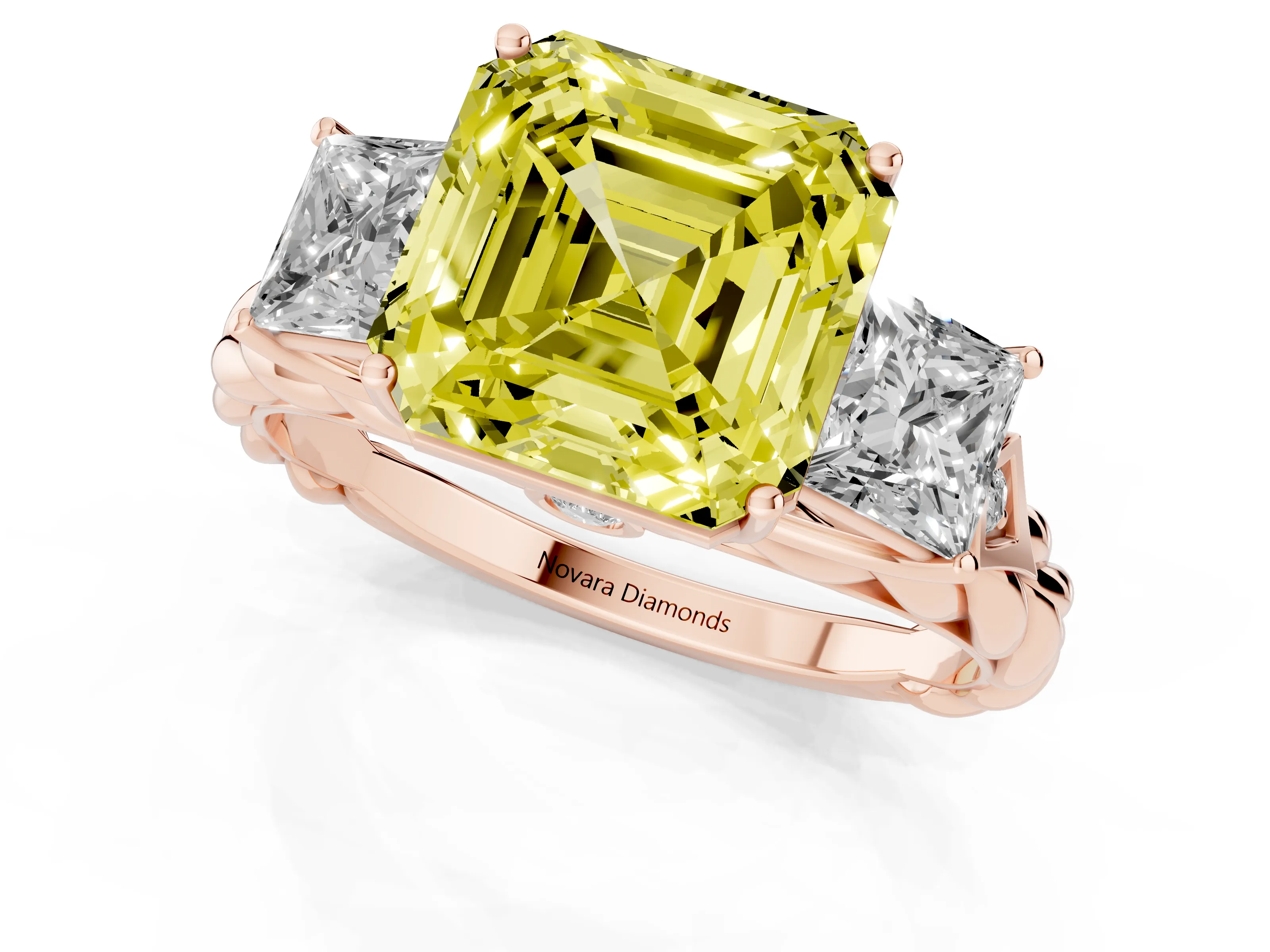 Fancy Yellow Asscher Cut Diamond Three-Stone Ring Set in Rose gold with Braided Band